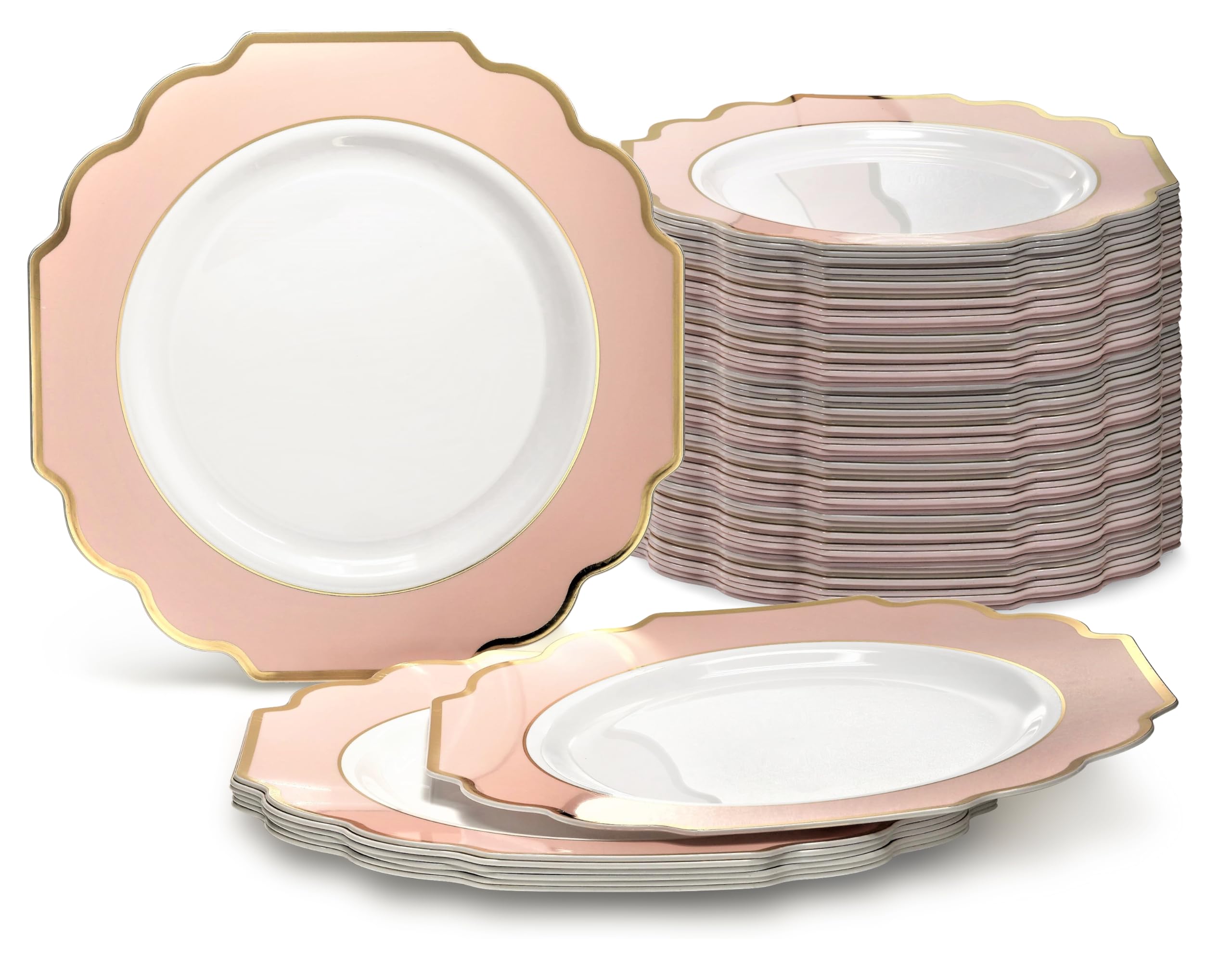 240 Heavyweight Disposable Plastic Plates for Weddings & Parties - 10.5'' Dinner Plates in White, Blush & Gold - Elegant Disposable Tableware for Catering, Events & Special Occasions