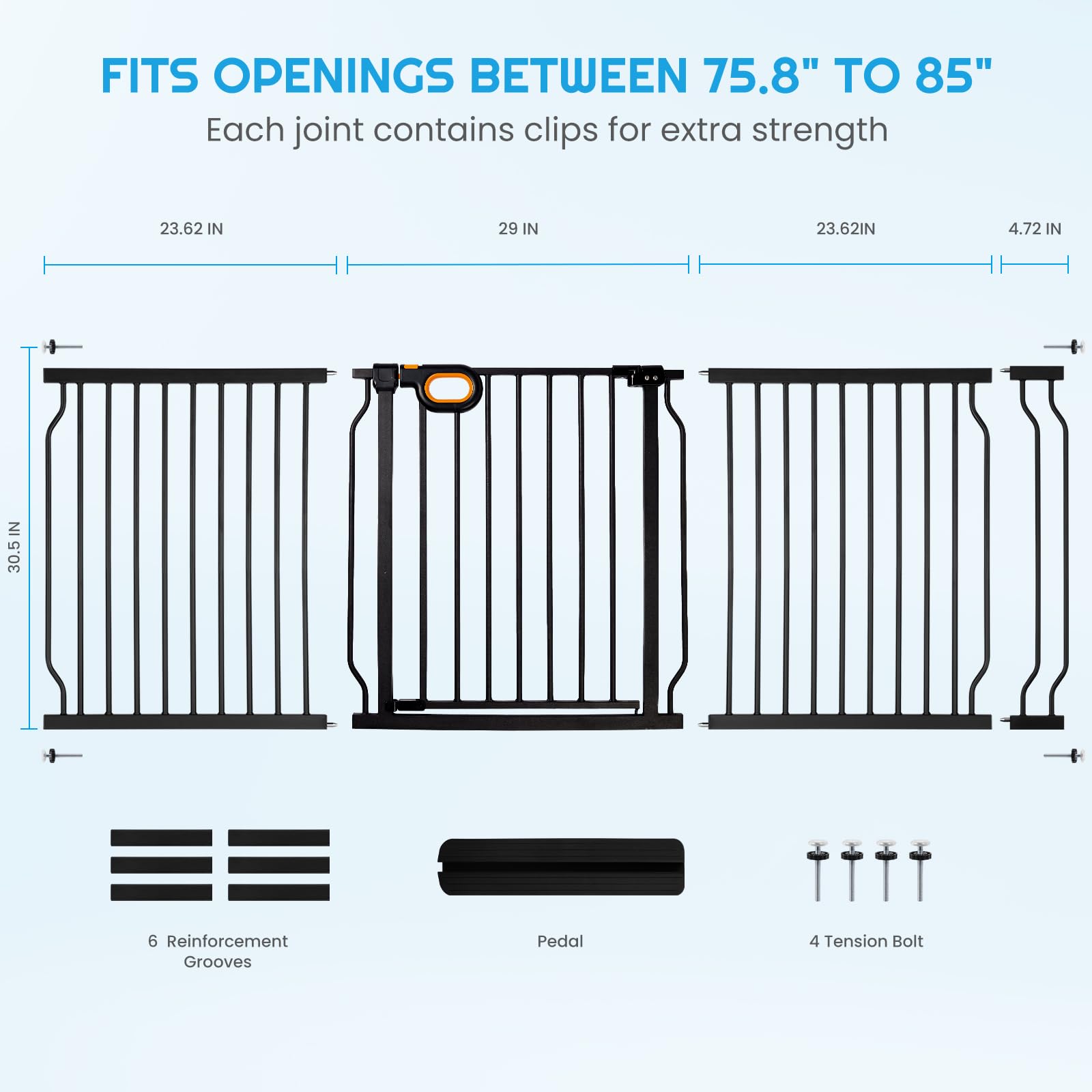 Owlie Extra Wide Baby Gate 75-85 Inch - No Drill Pressure Mount Safety Gate for Stairs, Doorways - Adjustable Indoor Pet Gate (30.5