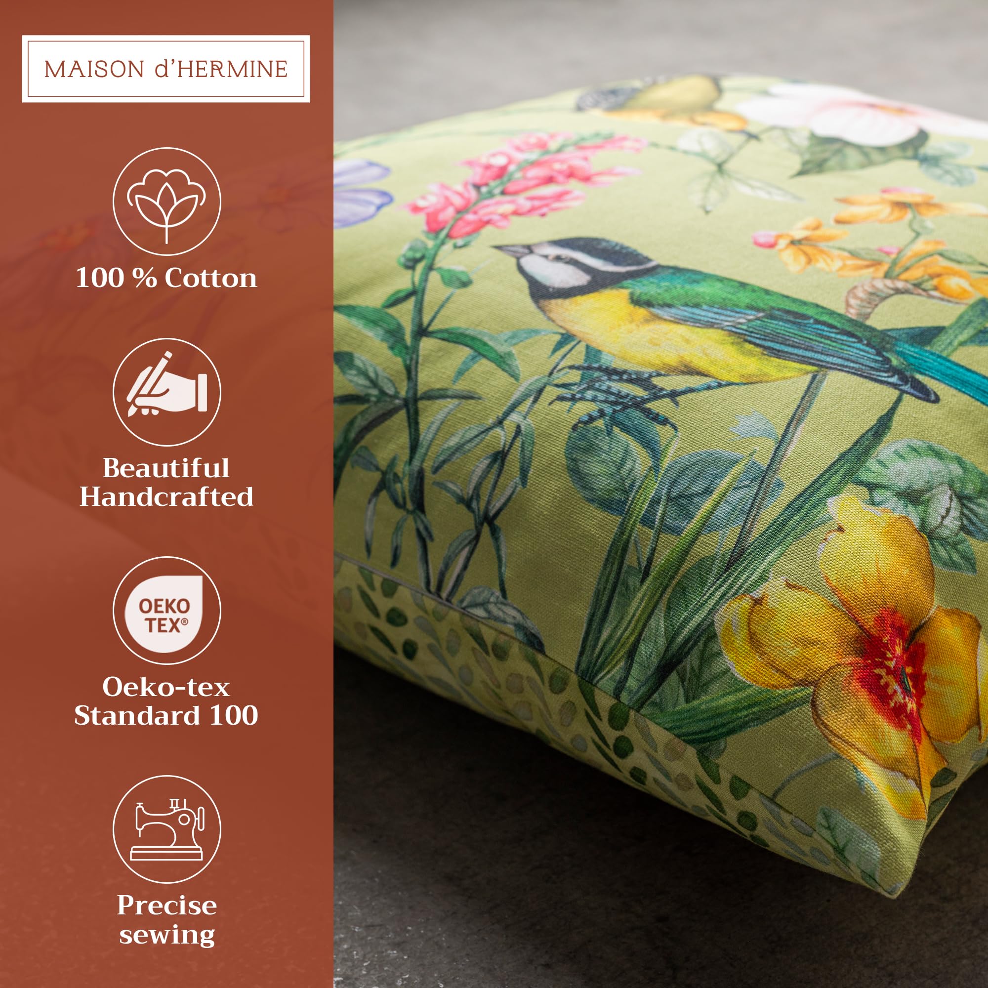 Maison d'Hermine 20x20 Inch Square Decorative Pillow Covers - 100% Cotton Throw Pillow Covers with Hidden Zipper for Sofa, Couch, Bed & Home Decor (Hesperides Birds Design) - Perfect for Easter Decorations, Living Room Accents & Seasonal Home Styling