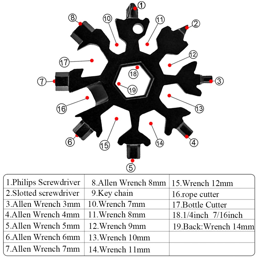 19-in-1 Stainless Steel Multi-Tool with Snowflake Design - Compact & Durable FEX 18-in-1 Black Multi-Function Tool for Camping, Hiking, Survival & Everyday Carry (EDC)