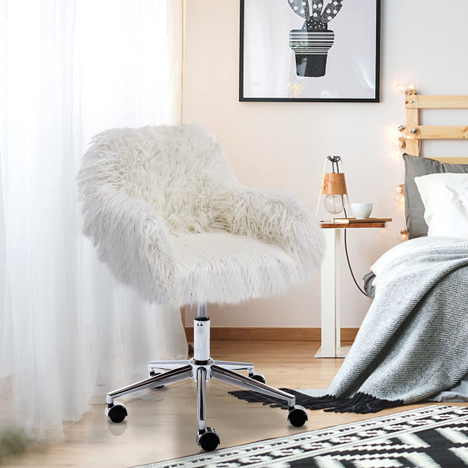 Henf Home Office Chair - Modern Swivel Desk Chair with Wheels, Tufted Faux Fur Vanity Chair for Bedroom & Office - Ergonomic Computer Chair for Women & Girls (White) - Perfect for Home Office, Gaming Setup & Makeup Station