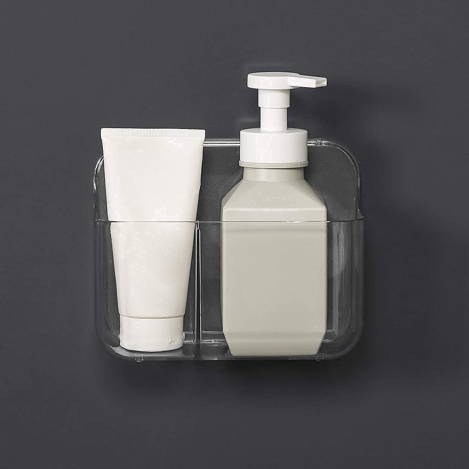 Ettori Toothbrush Holder - 2 Compartment Wall Mounted Bathroom Organizer, No Drill Adhesive Shower Caddy for Toothbrushes & Essentials - Clear Plastic Storage Solution for Bathroom, Kitchen & Small Spaces