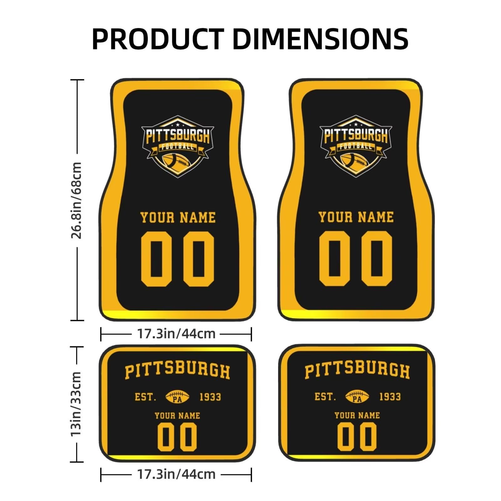 Custom Pittsburgh Steelers Car Floor Mats - Personalized Name & Number for Loyal Fans, 4-Piece Set, Universal Fit for Most Vehicles | Perfect Car Interior Accessories & Gift for Football Enthusiasts | Game Day, Tailgating & Everyday Driving