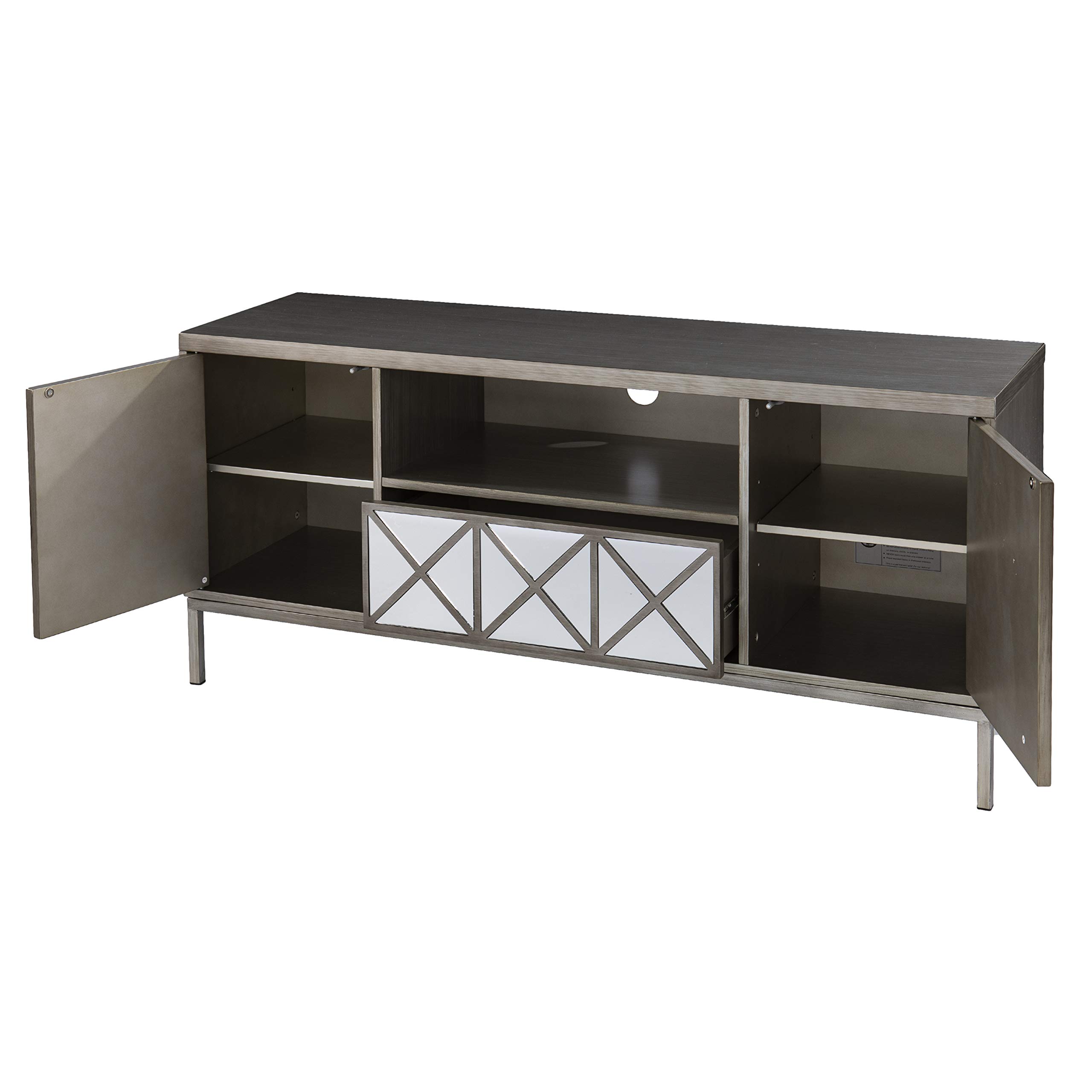 SEI Furniture Downley Storage TV Stand Media Console with Mirror Finish - Silver Modern Entertainment Center for Living Room, Bedroom, or Home Theater