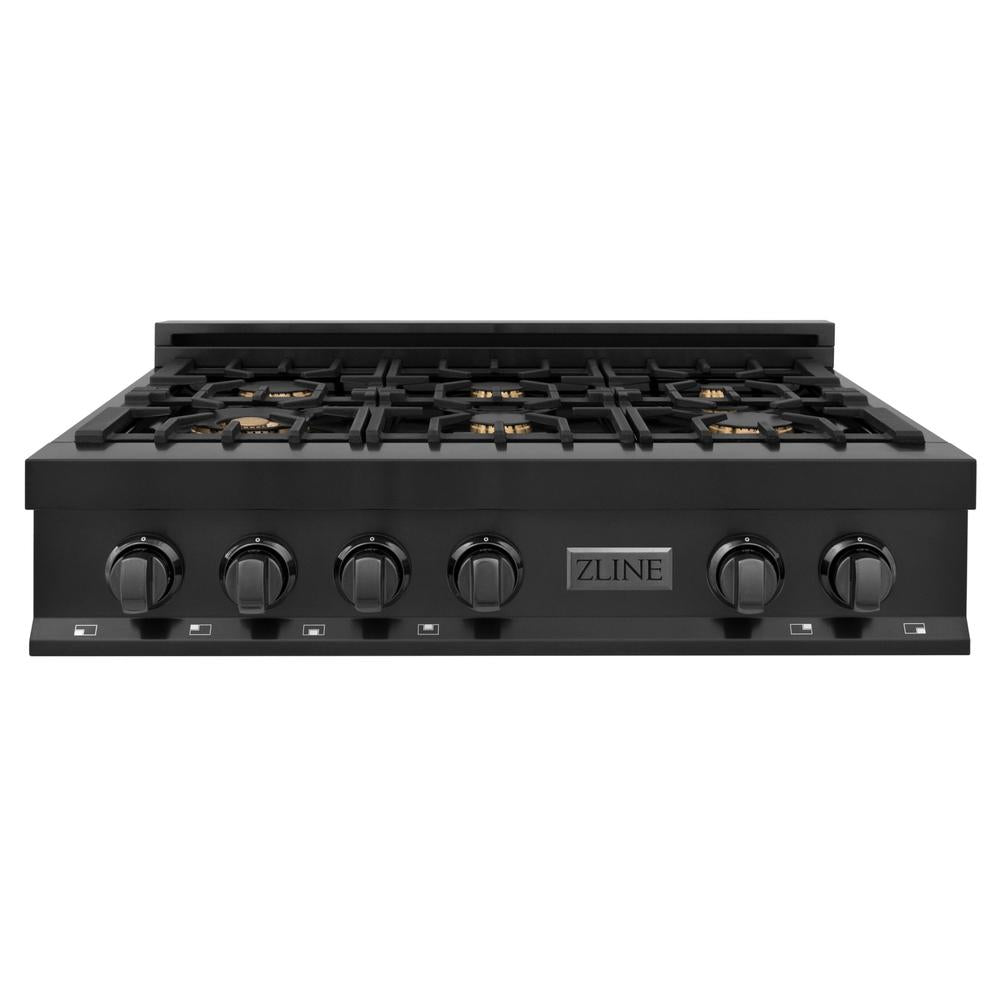 ZLINE 36 Inch Black Stainless Steel Gas Rangetop with 6 Brass Burners & Porcelain Cooktop - Professional Grade Kitchen Appliance for Home Chefs & Cooking Enthusiasts | Perfect for Gourmet Meals, Entertaining & Large Family Dinners
