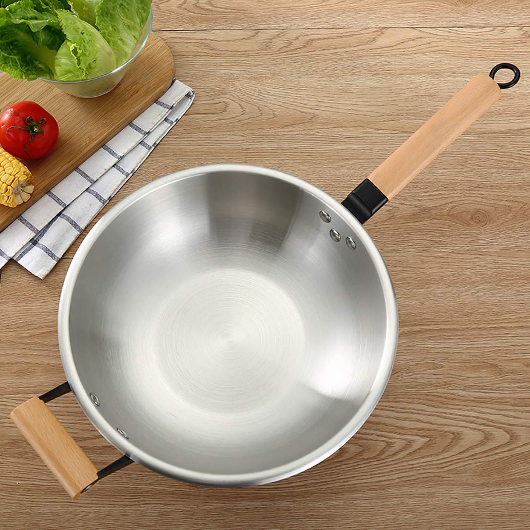 One Piece 12.5-inch Multi-Ply Clad 18/10 Stainless Steel Wok Pan - Stir Fry Pan with Dome Lid & Steamer Basket, Wooden Handle - Perfect for Asian Cooking, Stir-Frying, Steaming & Restaurant-Style Meals