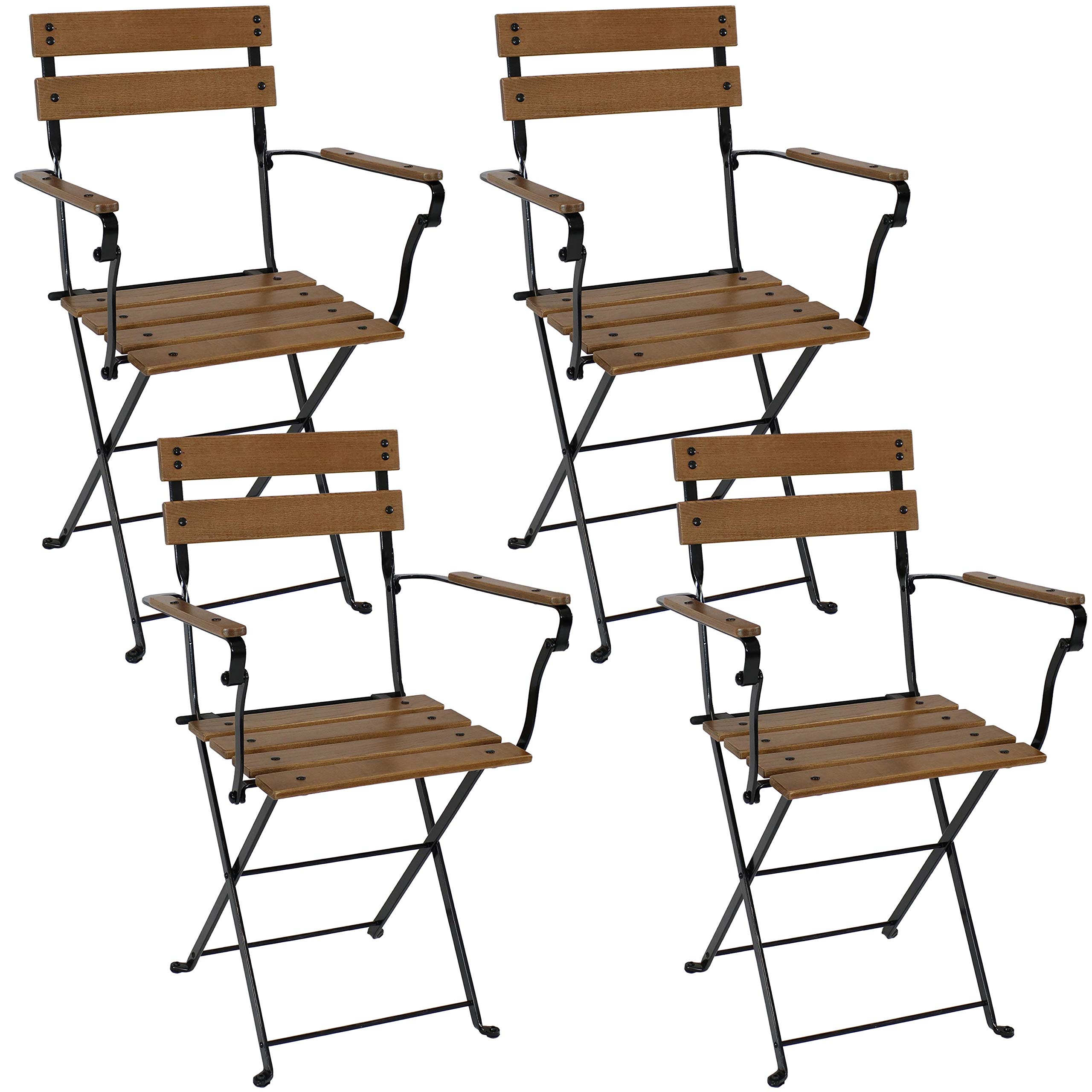Sunnydaze European Chestnut Folding Dining Armchair Set of 4 - Heavy Duty Commercial Grade Indoor Outdoor Patio Furniture - Brown Wooden Chairs for Restaurant, Cafe, Garden & Home Dining