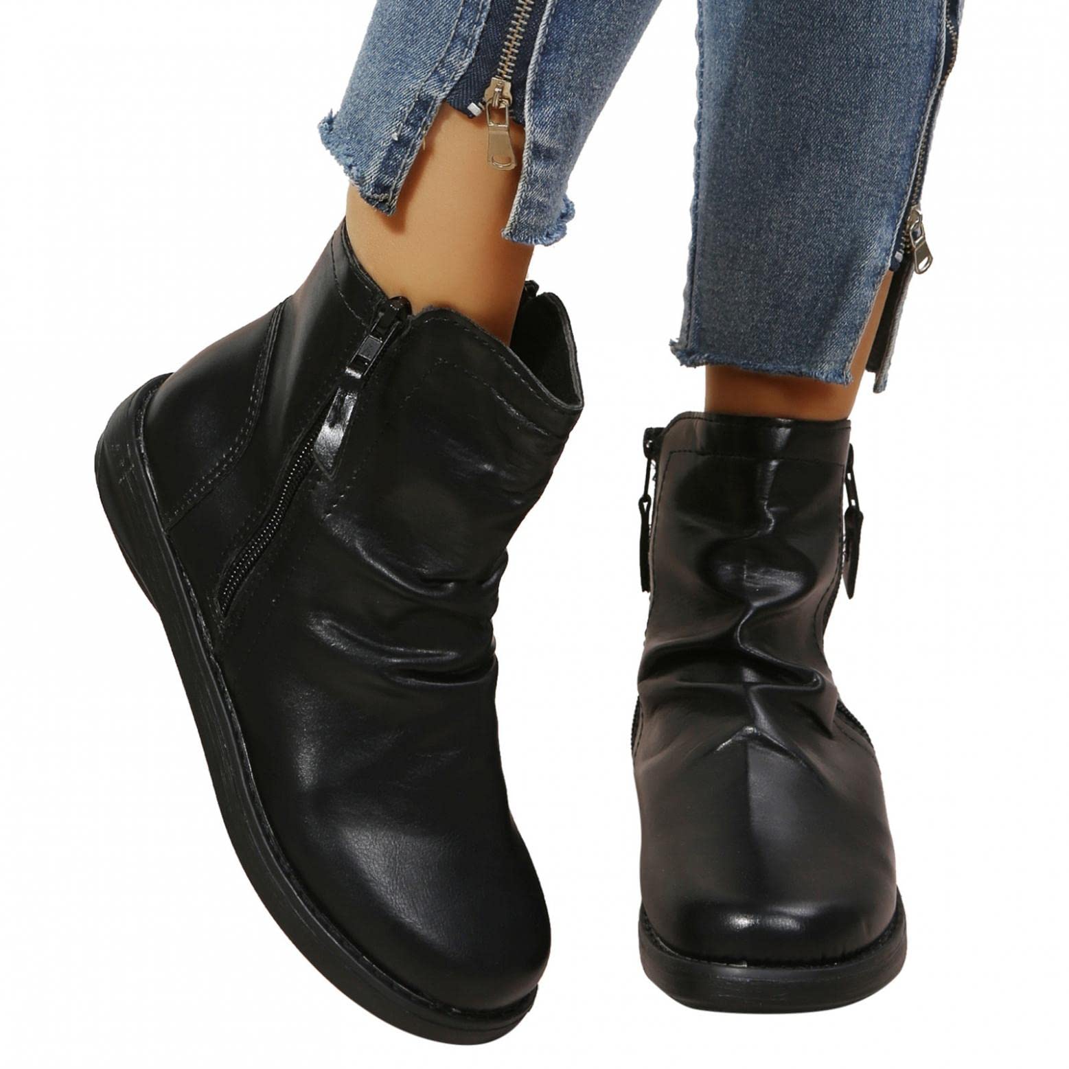 Women's Low Heel Ankle Booties - Round Toe Zipper Combat Boots with Non-Slip Sole | Casual & Work Wear for Fall & Winter Fashion