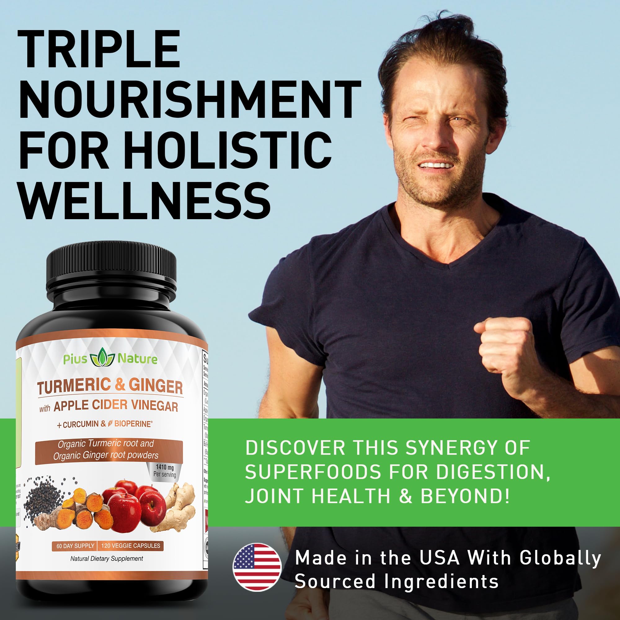 USDA Organic Turmeric Ginger & Apple Cider Vinegar Capsules - 120ct with 95% Curcuminoids & Bioperine (1410mg per Serving) - Supports Joint Health, Digestion & Immunity - Vegan Supplement for Active Lifestyles