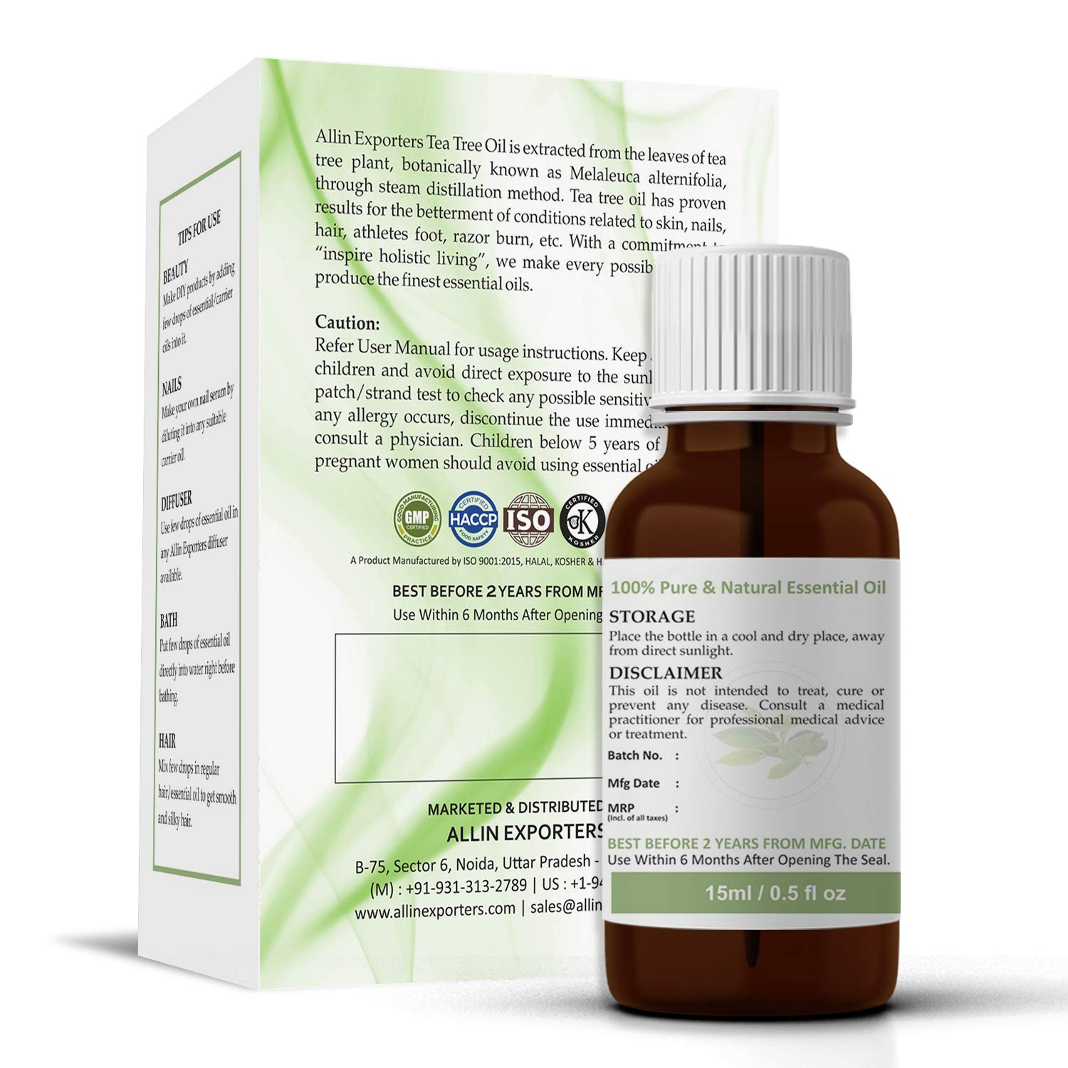 Pure Tea Tree Essential Oil 15ml - Undiluted, Therapeutic Grade for Healthy Skin, Hair & Face | Aromatherapy, Acne Treatment & DIY Beauty | Allin Exporters