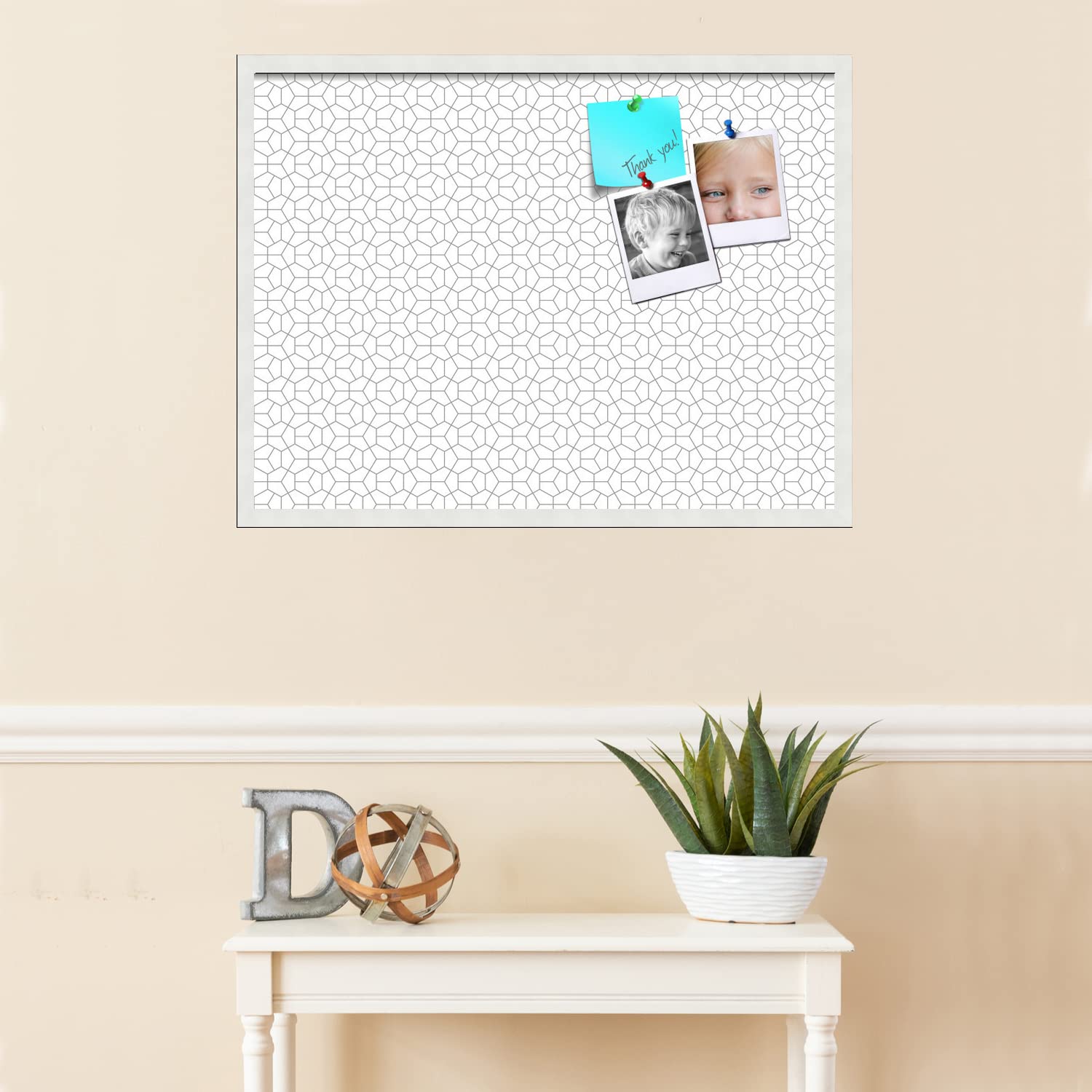 PinPix 32x24 Inch Cork Bulletin Board with Hex Grey Design & White Frame - Wall Mounted Memo Board for Home Office Decor, School Classroom, Dorm Room Organization & Message Display (PinPix-1538)