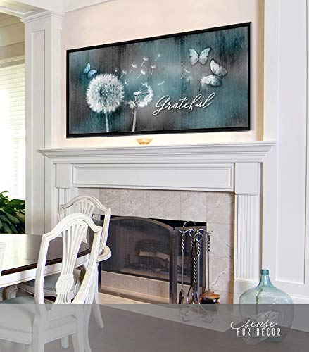 Grateful Dandelion & Butterfly Wall Art - Rustic Bedroom Decor with Floating Frame (60x27, Teal & Black) | Perfect for Living Room, Bedroom & Office Wall Decor