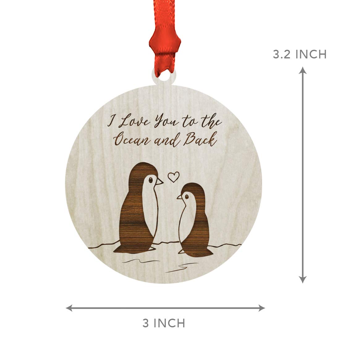 Personalized Engraved Natural Wood Keepsake Ornament - Monogram Christmas Valentine's Day Gift for Couples, 'I Love You to The Ocean and Back' Penguins Design, 1-Pack - Perfect for Wedding Anniversaries, Christmas Tree Decor & Romantic Home Décor