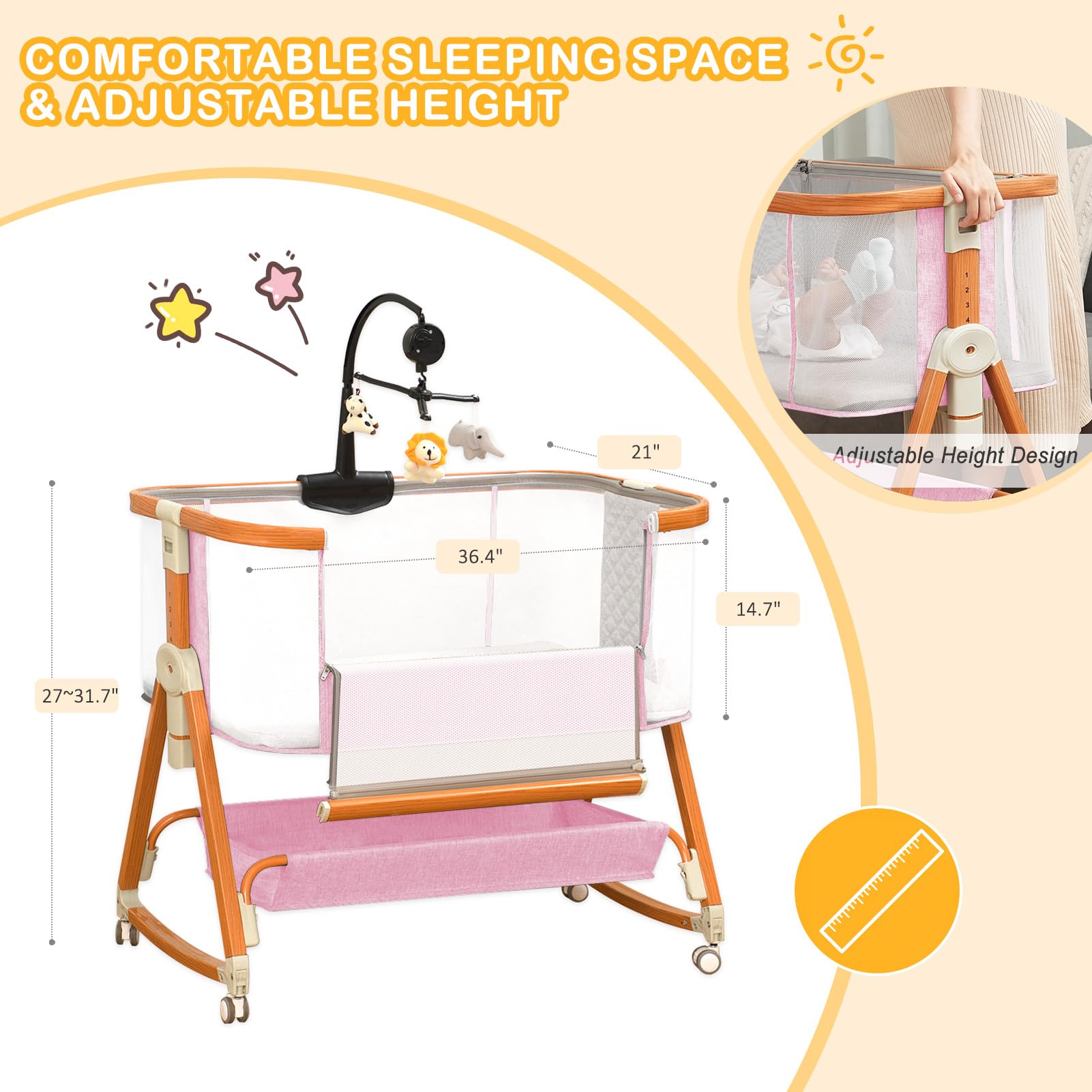 3-in-1 Adjustable Baby Bassinet Bedside Sleeper with Musical Toy & Storage Basket - Portable Crib with 4-Sided Mesh & Wheels for Newborns 0-6 Months (Pink) - Perfect for Nursery, Bedroom & Travel Use