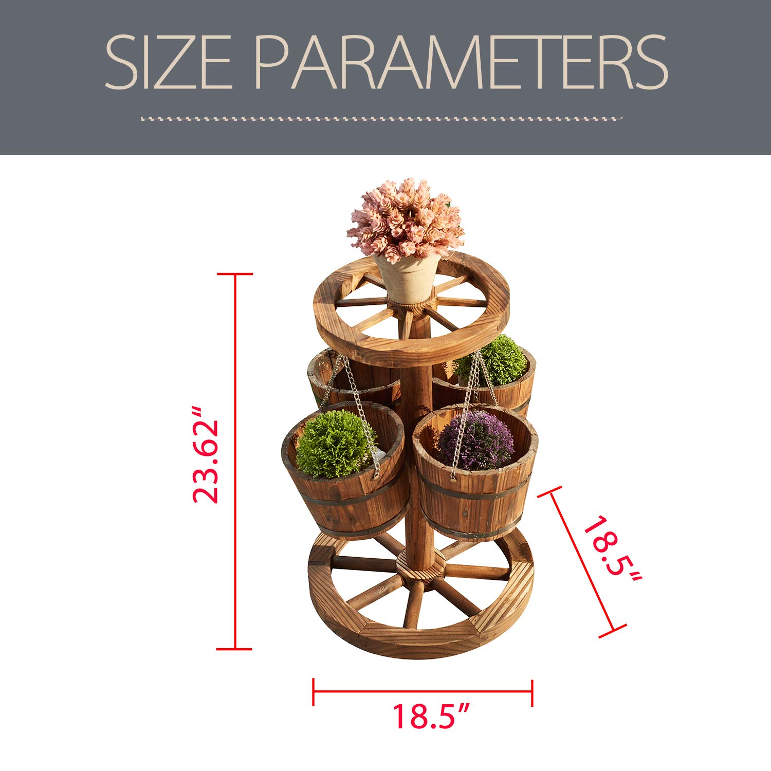 LOKATSE HOME Rustic Wooden Wagon Barrel Wheel Planter with Buckets - Outdoor Garden Decor for Patio, Yard, and Porch - Perfect for Flowers, Plants, and Herbs