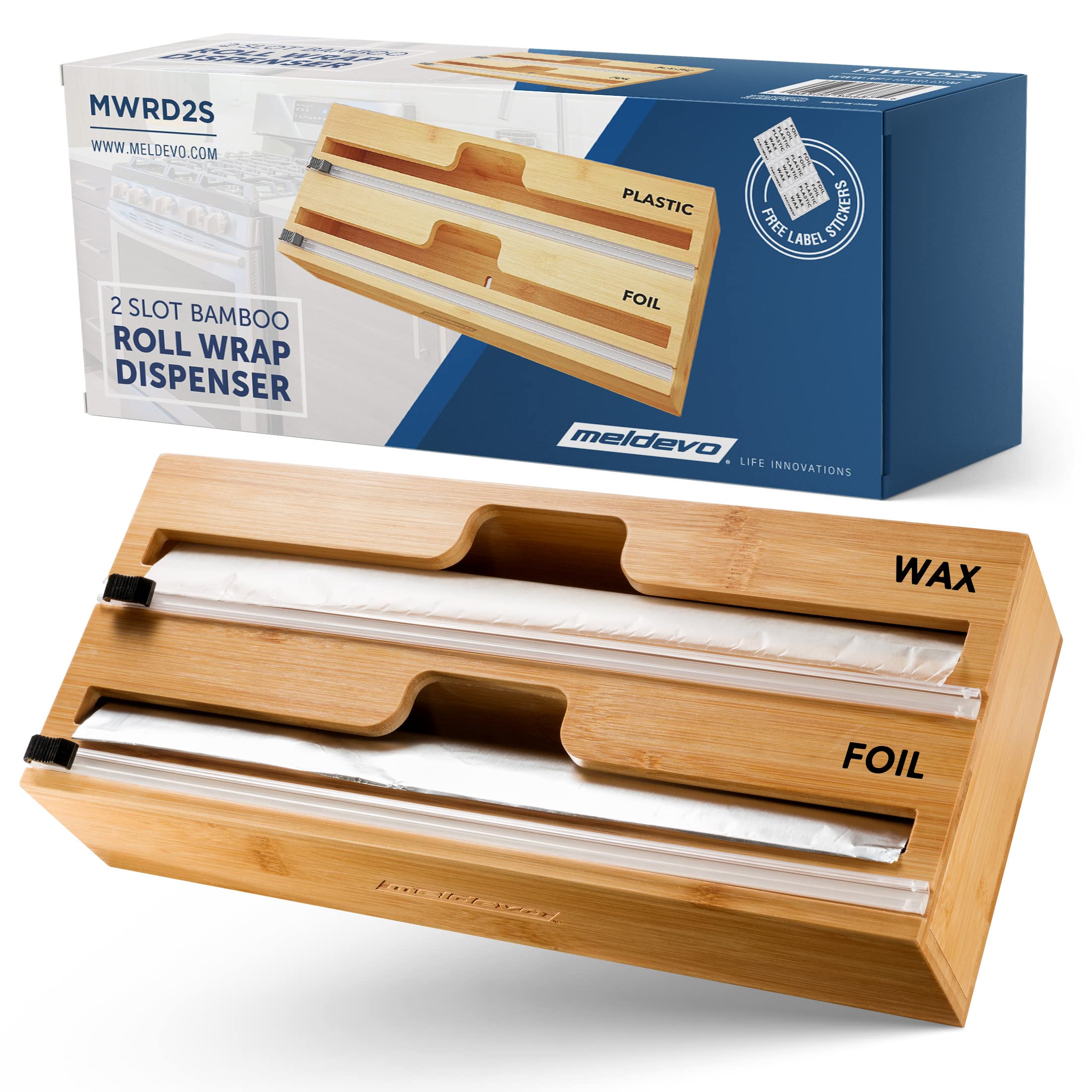 2 in 1 Bamboo Wrap Dispenser with Built-in Cutter & Labels - Kitchen Drawer Organizer for Plastic Wrap, Aluminum Foil & Wax Paper Rolls (Fits 12