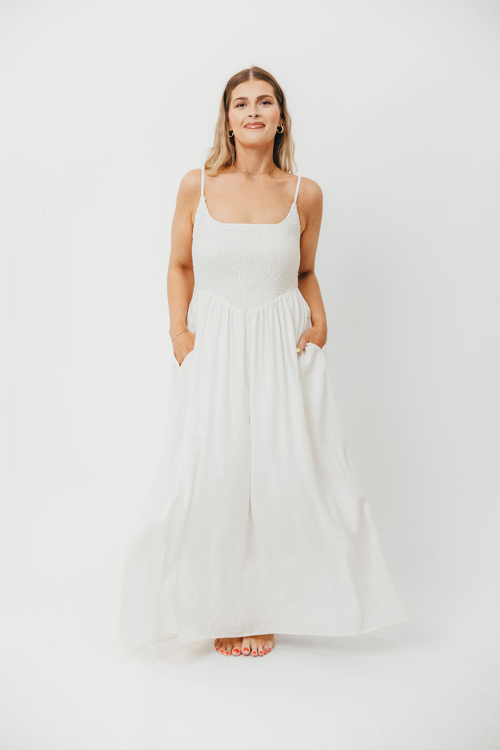 Josefina Off White Smocked Maxi Dress for Women - Elegant Summer Beach Wedding Party Dress