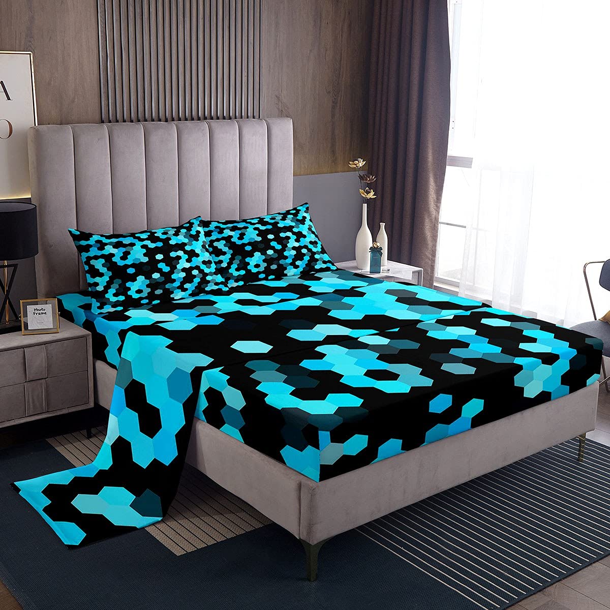 Erosebridal Honeycomb Camouflage Bed Sheet Set - Queen Size, Black & Blue Camo, Hexagon Geometric Design for Kids, Boys & Adults | Military Style Bedding for Home Decor, Camping & Army Themed Rooms