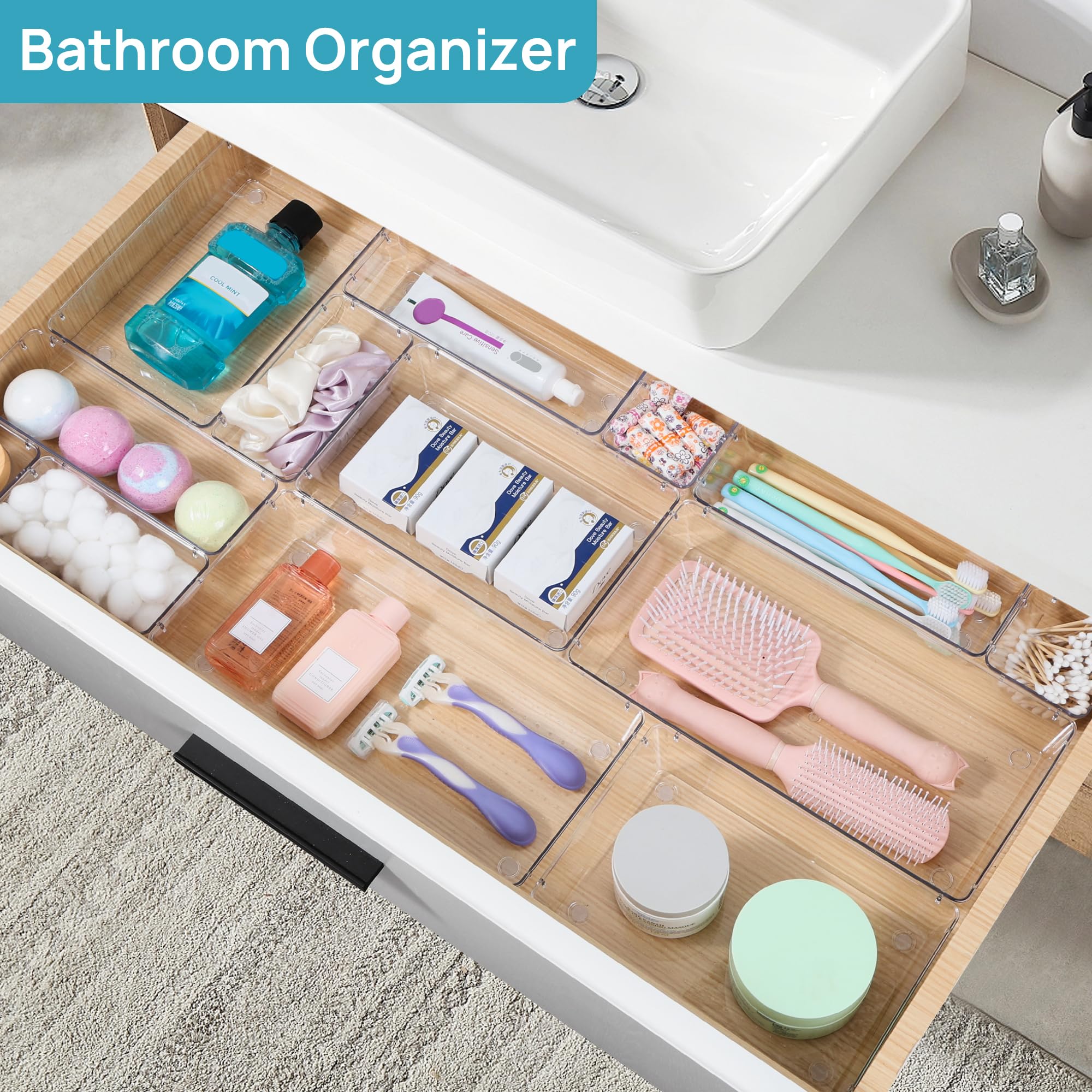 Vtopmart 88-Piece Clear Plastic Drawer Organizer Set - 5-Size Bathroom & Kitchen Storage Bins for Makeup, Vanity, Utensils, Office Supplies - Perfect for Home Organization & Decluttering