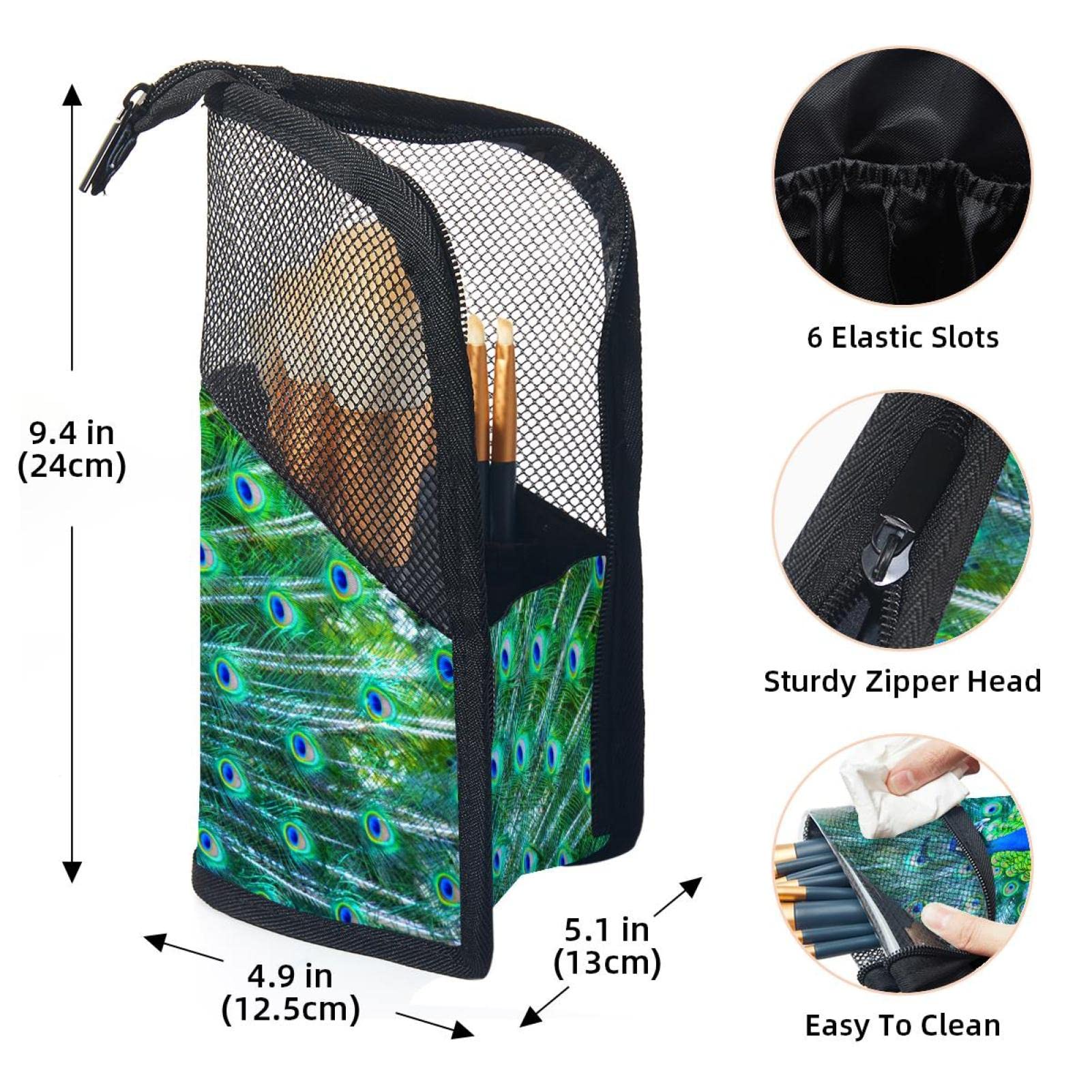 12-Piece Makeup Brush Organizer Bag with Colored Feather Peacock Design - Portable Cosmetic Brush Holder Case for Travel & Home Vanity Organization
