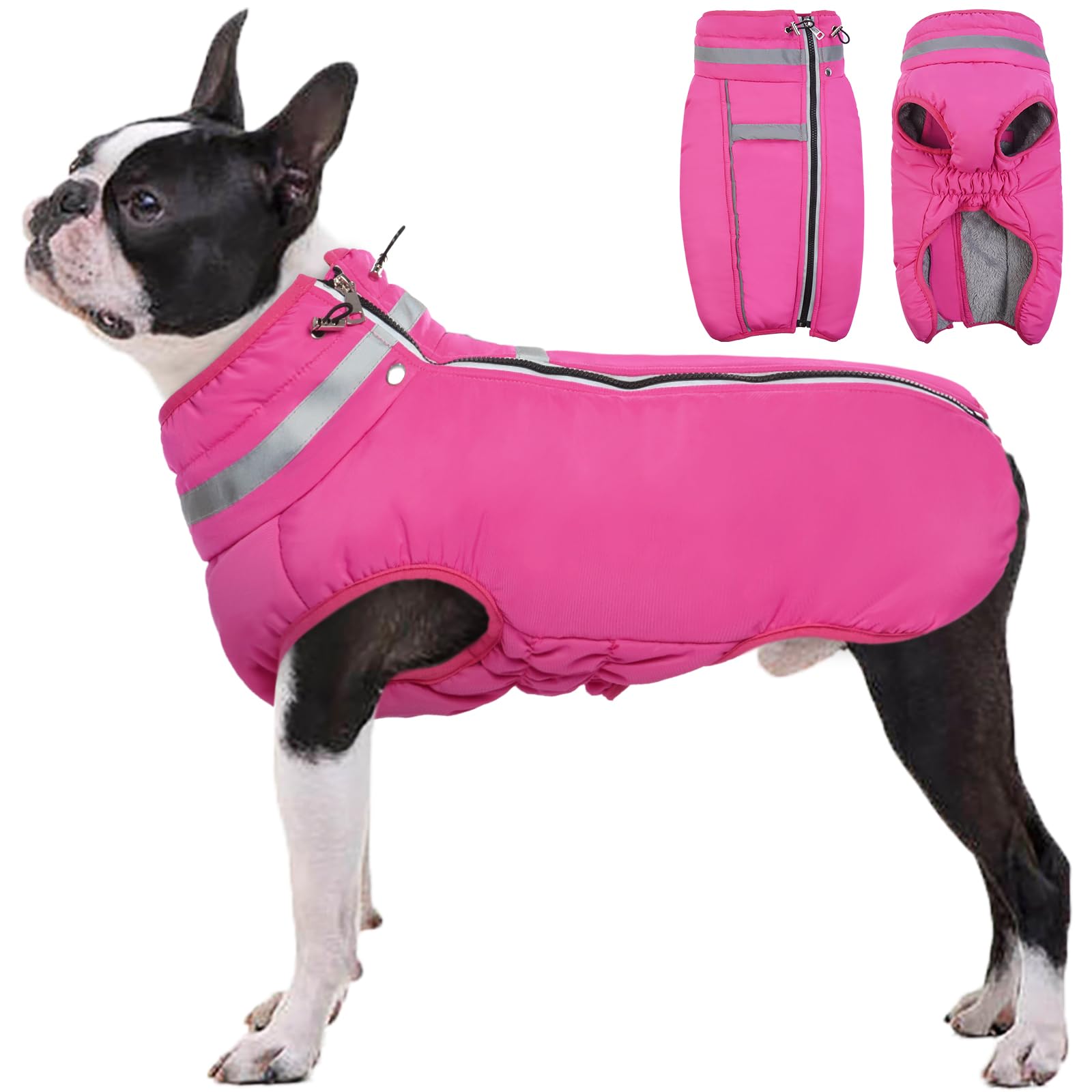 Kuoser Reflective Waterproof Winter Dog Coat with Zipper - Fleece Lined Warm Jacket for Large Dogs, Cold Weather & Snow Protection (Rose) - Perfect for Outdoor Walks, Hiking and Winter Adventures
