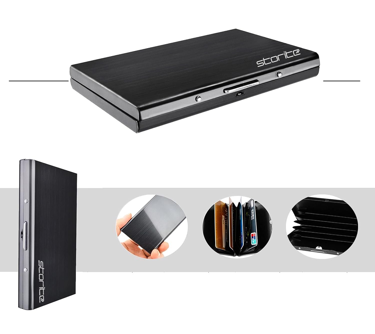 Storite 6-Slot RFID Blocking Metal Credit Card Holder Wallet - Slim & Secure for Men & Women (Shiny Black, 9.5 x 6.5 x 1.3 cm) - Perfect for Travel, Business & Everyday Use