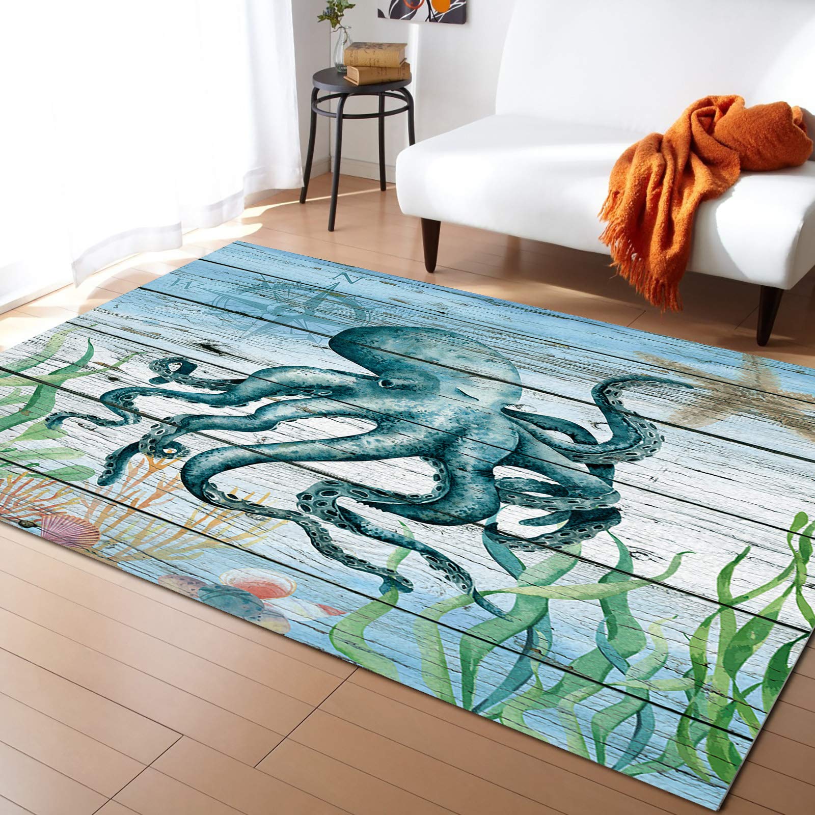 Soft Non-Slip Ocean Theme Area Rug - Sea Life Octopus Starfish Coral Design for Living Room & Bedroom | Durable Indoor Floor Carpet with Weathered Planks Pattern | Perfect for Coastal Decor, Kids Room & Low-Profile Runner