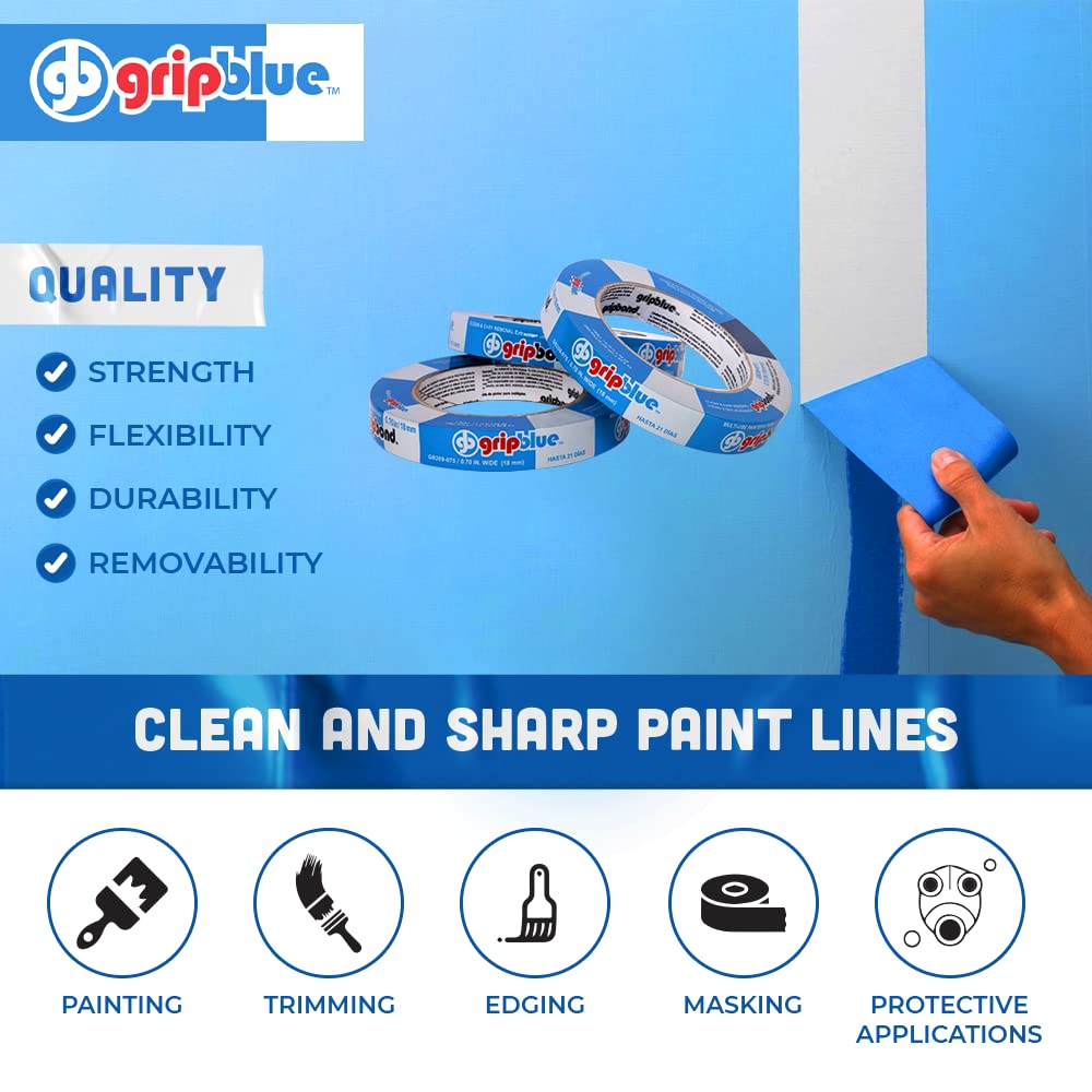 Blue Painters Tape 3/4 inch Wide (36 Rolls - 0.70in x 60yds) | Residue-Free Masking Tape for Sharp Lines & Professional Painting | Perfect for Home DIY Projects, Wall Painting & Crafting