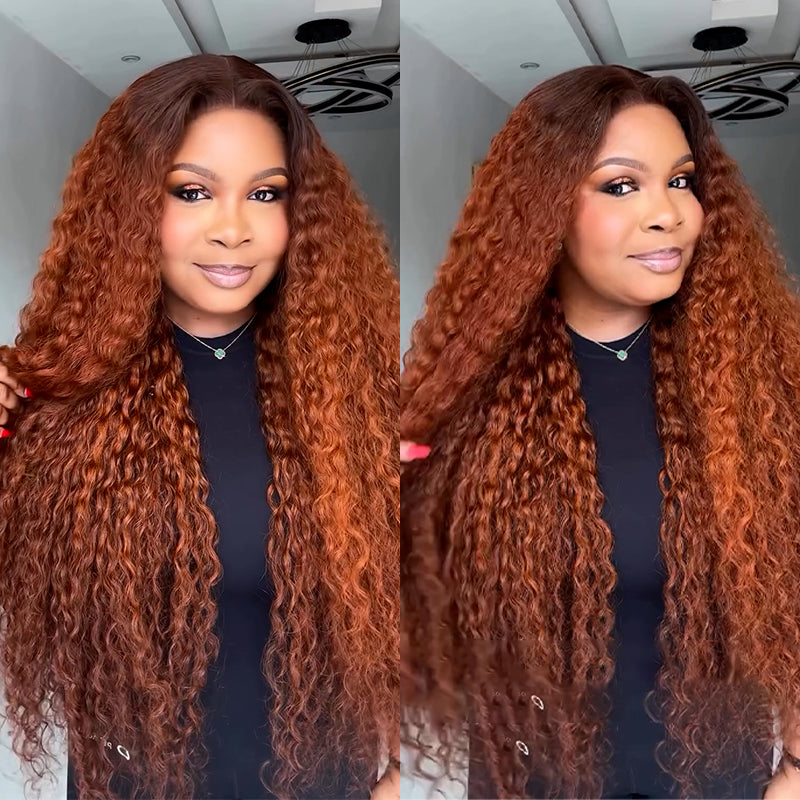 Eullair Dark Ginger Kinky Curly Lace Frontal Wig with Dark Brown Roots - Pre-Colored Glueless Human Hair Wig for Women | Natural Look for Parties, Weddings & Daily Wear