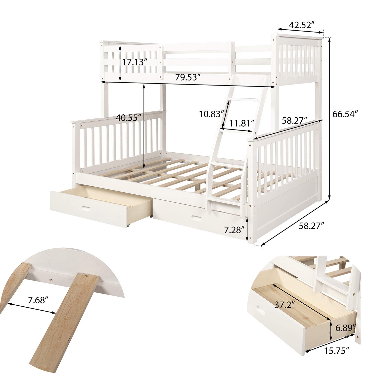 MERITLINE Twin Over Full Wood Bunk Bed Frame with Storage Drawers - White | Space-Saving Kids Bedroom Furniture for Siblings or Sleepovers