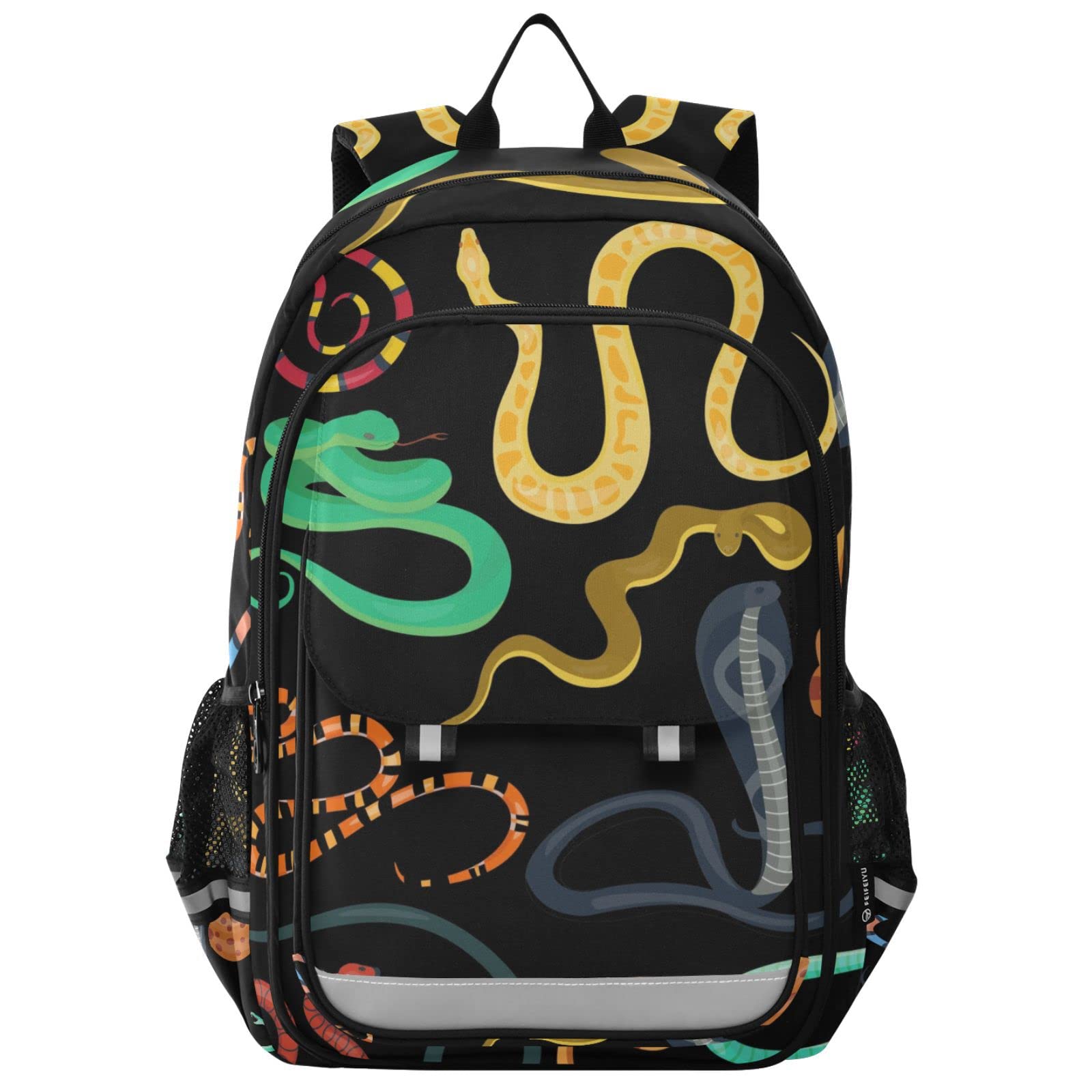 Lightweight Black Snake Print Laptop Backpack - Waterproof School Bag for Students, Travel & Work with Reflective Stripes - Perfect for College, Commuting & Outdoor Adventures