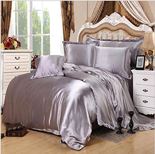 Premium Imitation Silk Bedding Set - 4-Piece Queen Size with Grey Solid Color - Soft & Luxurious Bed Sheets, Pillowcases & Flat Sheet - Perfect for Master Bedroom, Guest Room & Hotel Stays