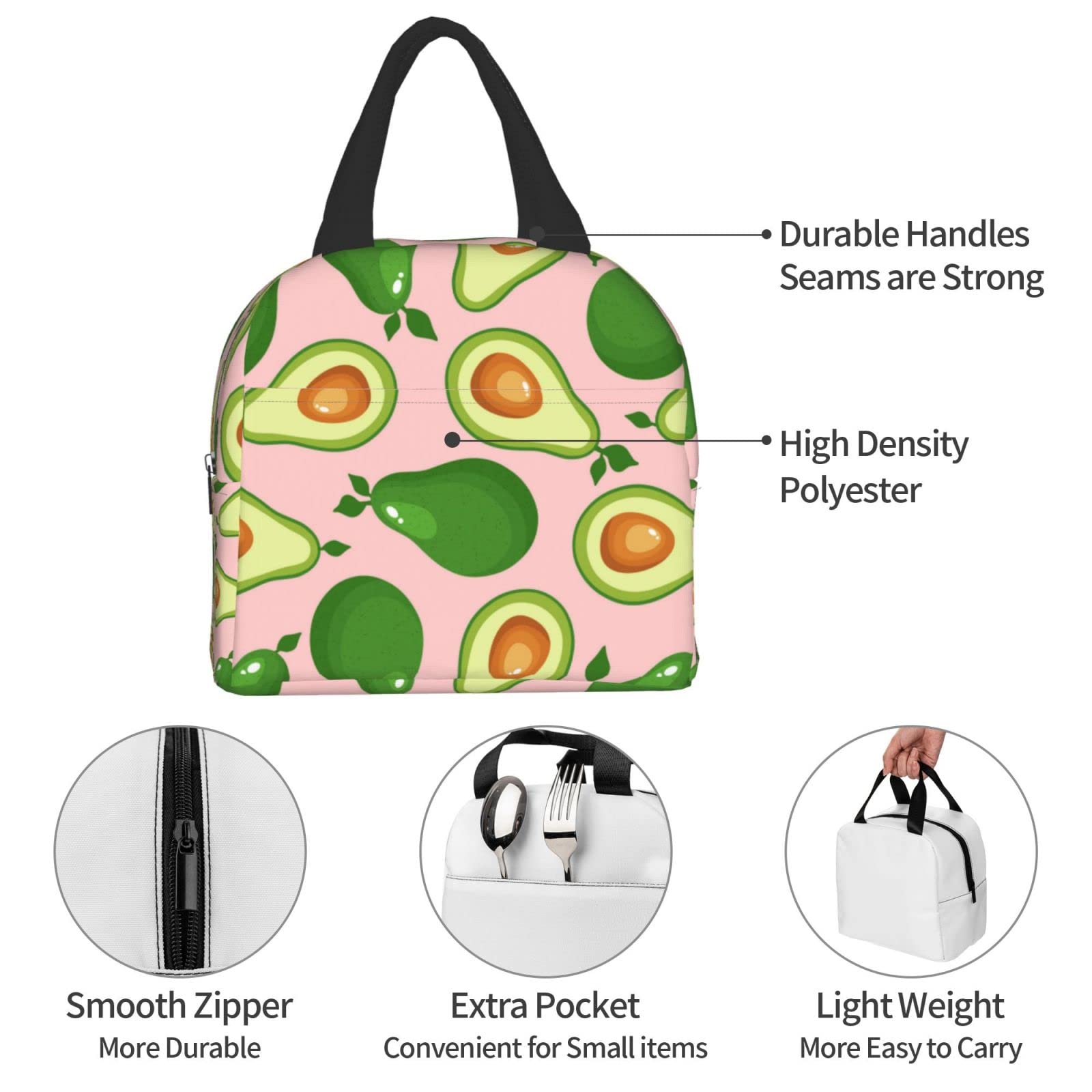 Avocado Pattern Insulated Lunch Box - Reusable & Portable Meal Container for Men & Women - Perfect for Work, Travel, Picnic & Outdoor Activities