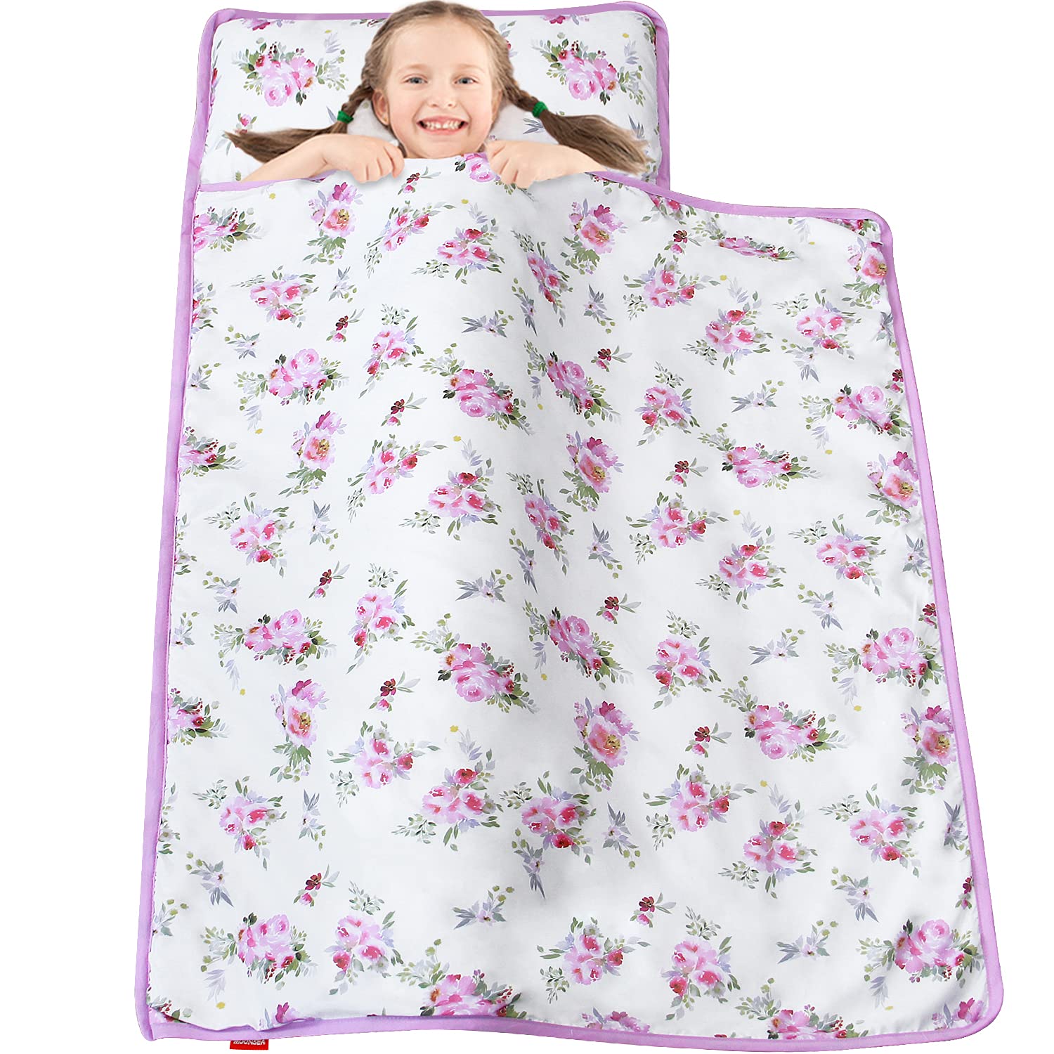 Floral Toddler Nap Mat for Girls with Pillow & Soft Fleece Blanket - Lightweight Portable Sleeping Mat for Daycare, Preschool & Travel