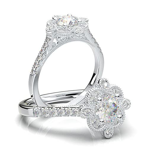 2.4 CT Round Cut Diamond Vintage Milgrain Halo Engagement Ring - Unique Filigree Floral Design in 14k White Gold - Perfect for Wedding, Proposal & Anniversary Gifts