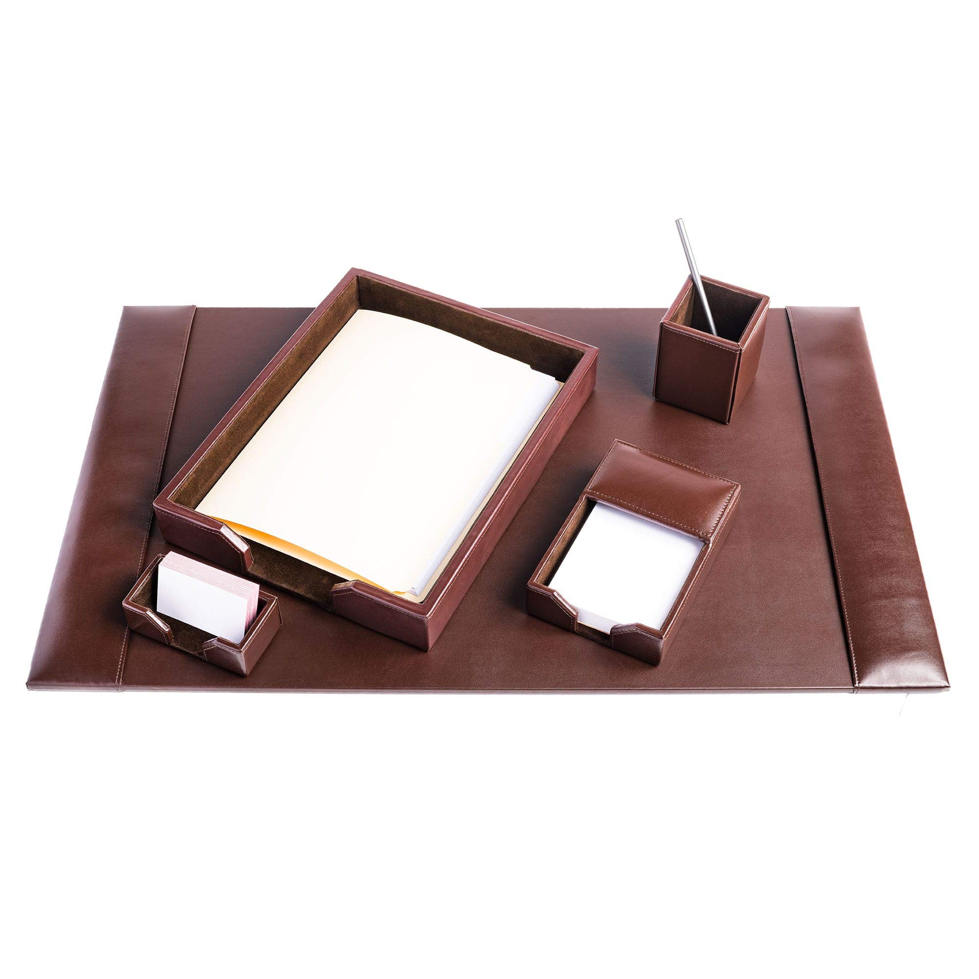 Premium Dacasso Bonded Leather Desk Set - 5-Piece Dark Brown Office Organizer with Leather Desk Pad, Pen Holder & Accessories - Perfect for Executive Desks, Home Offices & Professional Workspaces