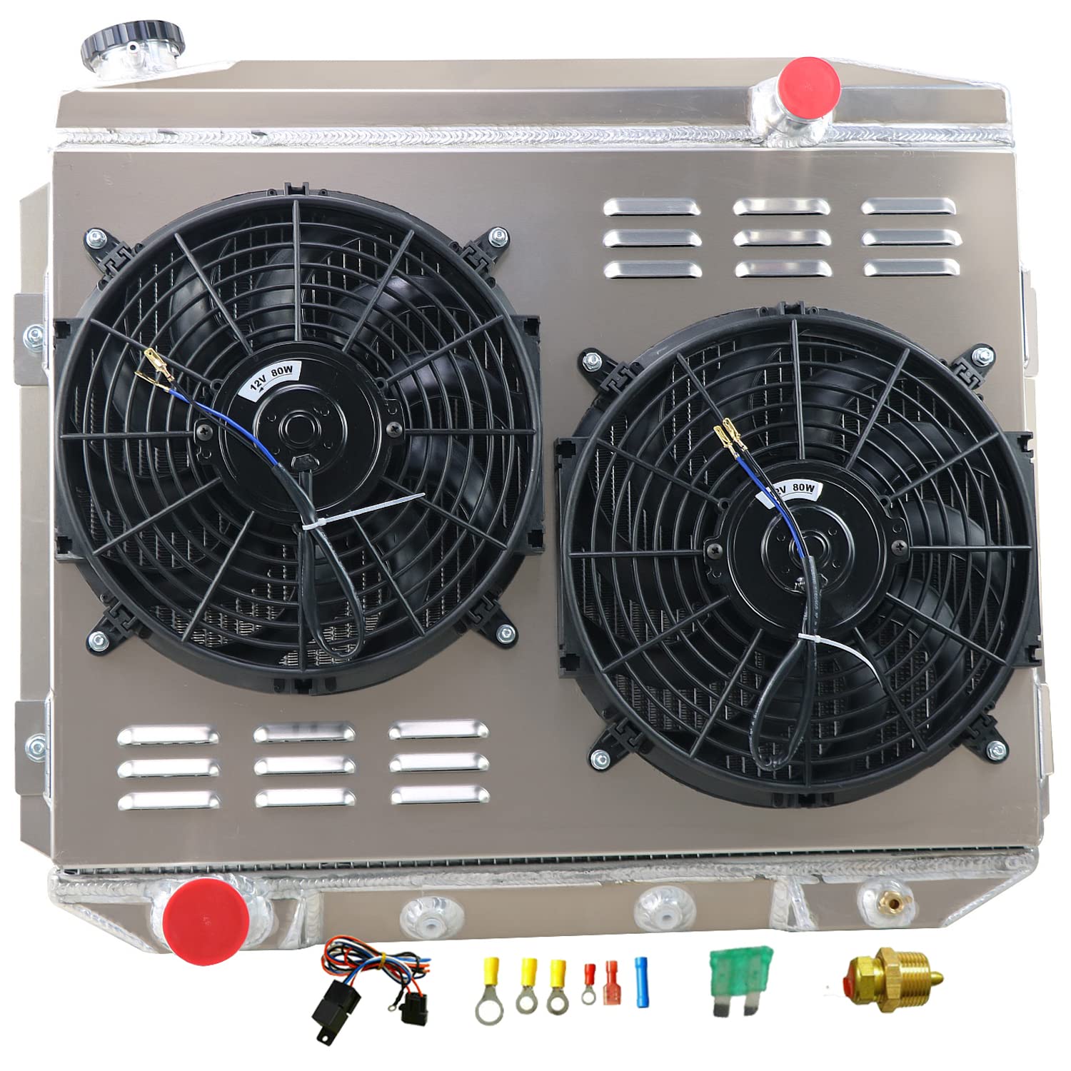 1957-1959 Ford Fairlane Galaxie Ranchero & Mercury Montclair Monterey Park Lane V8 Aluminum Radiator - 4 Row Core with Shroud & Fan Relay | High-Performance Cooling for Classic Cars