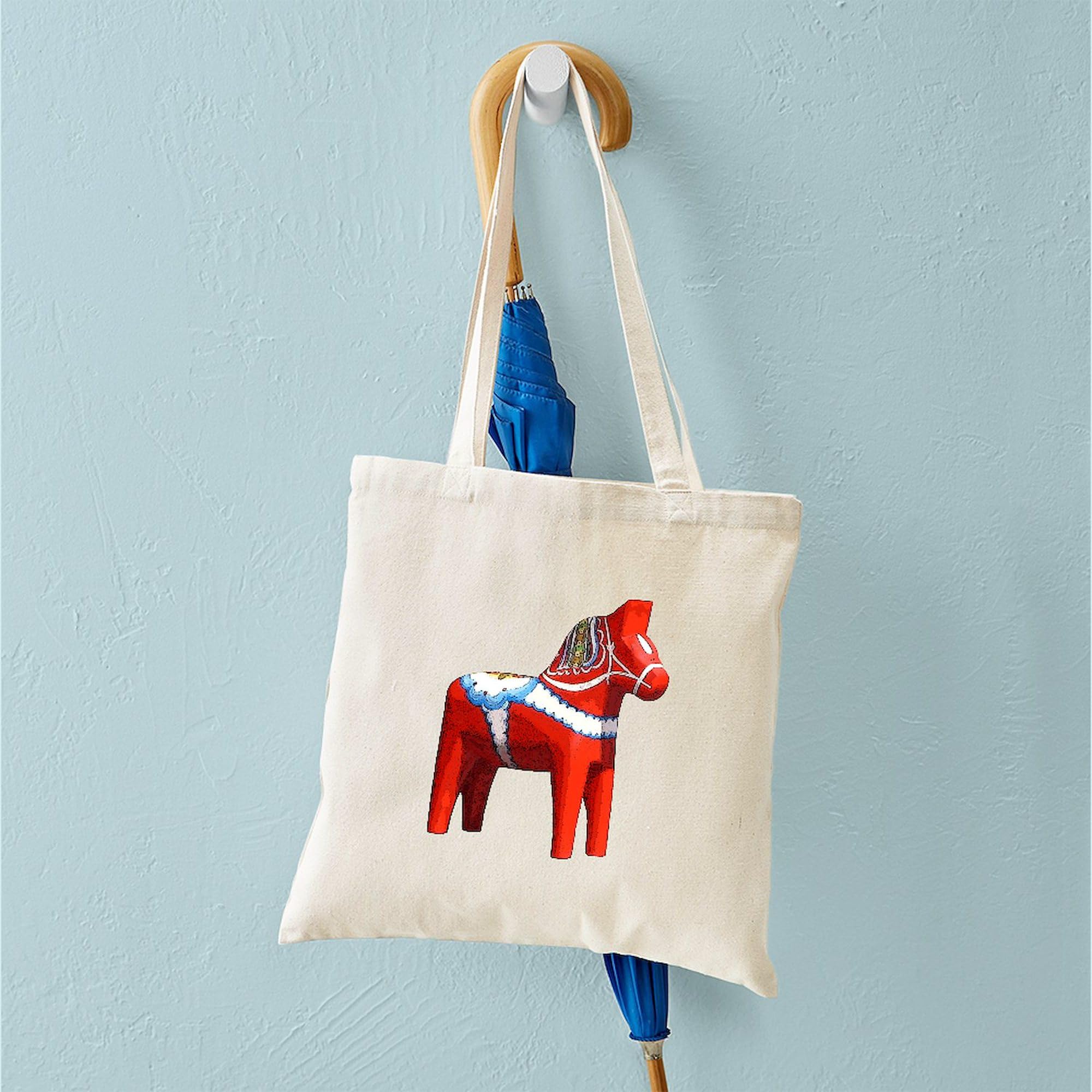 Dala Horse Tote Bag - Natural Canvas Reusable Shopping Bag for Women & Men - Eco-Friendly Grocery Bag for Market, Beach & Daily Use