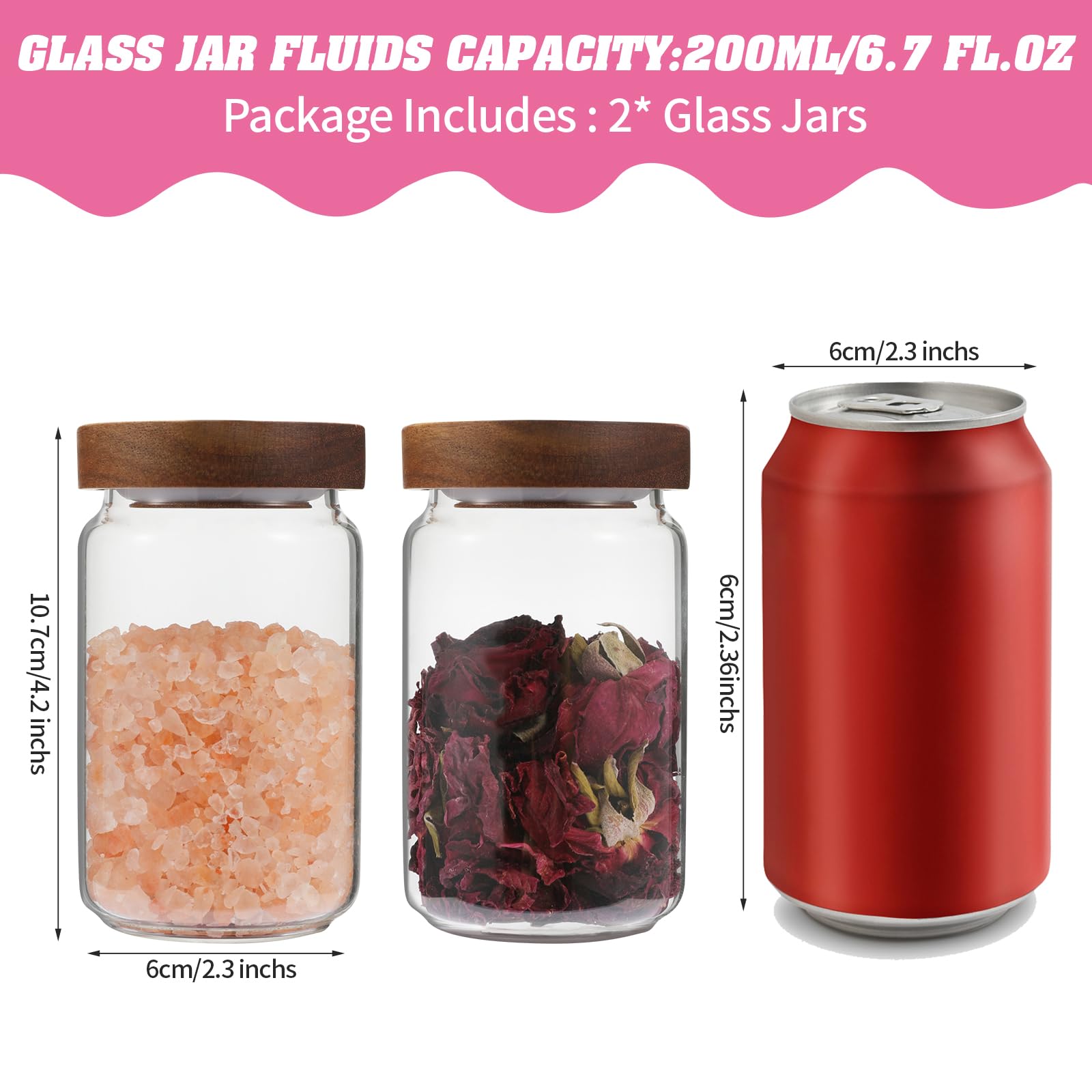 2-Pack Small Glass Jars with Lids - 6.7oz (200ml) Borosilicate Glass Containers for Spices, Nuts, Pasta, Sugar, Candy & Tea - Airtight Mini Storage Bottles for Kitchen, Pantry & DIY Crafts