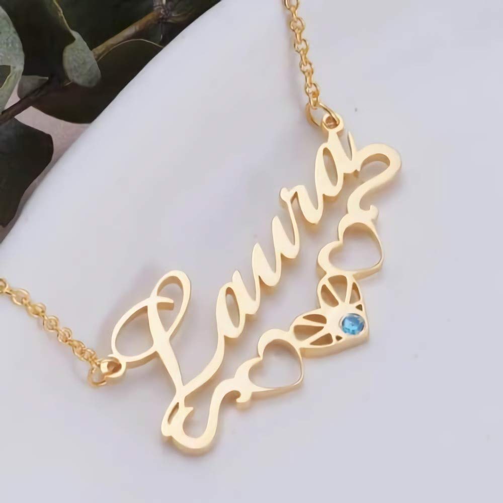 10k 14k 18k Solid Gold Personalized Name Necklace with Birthstone - Custom Engraved Pendant Jewelry for Women - Perfect Gift for Birthday, Anniversary & Valentine's Day