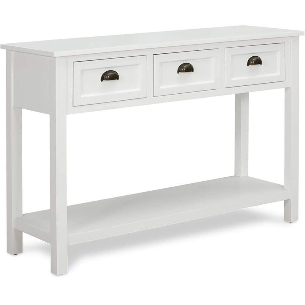Finch Lockwood Modern Farmhouse 2-Tier Wooden Console Table - Long Sofa Table with Storage Shelf & 3 Drawers - Entryway Hallway Furniture - White - Perfect for Living Room, Foyer & Home Decor