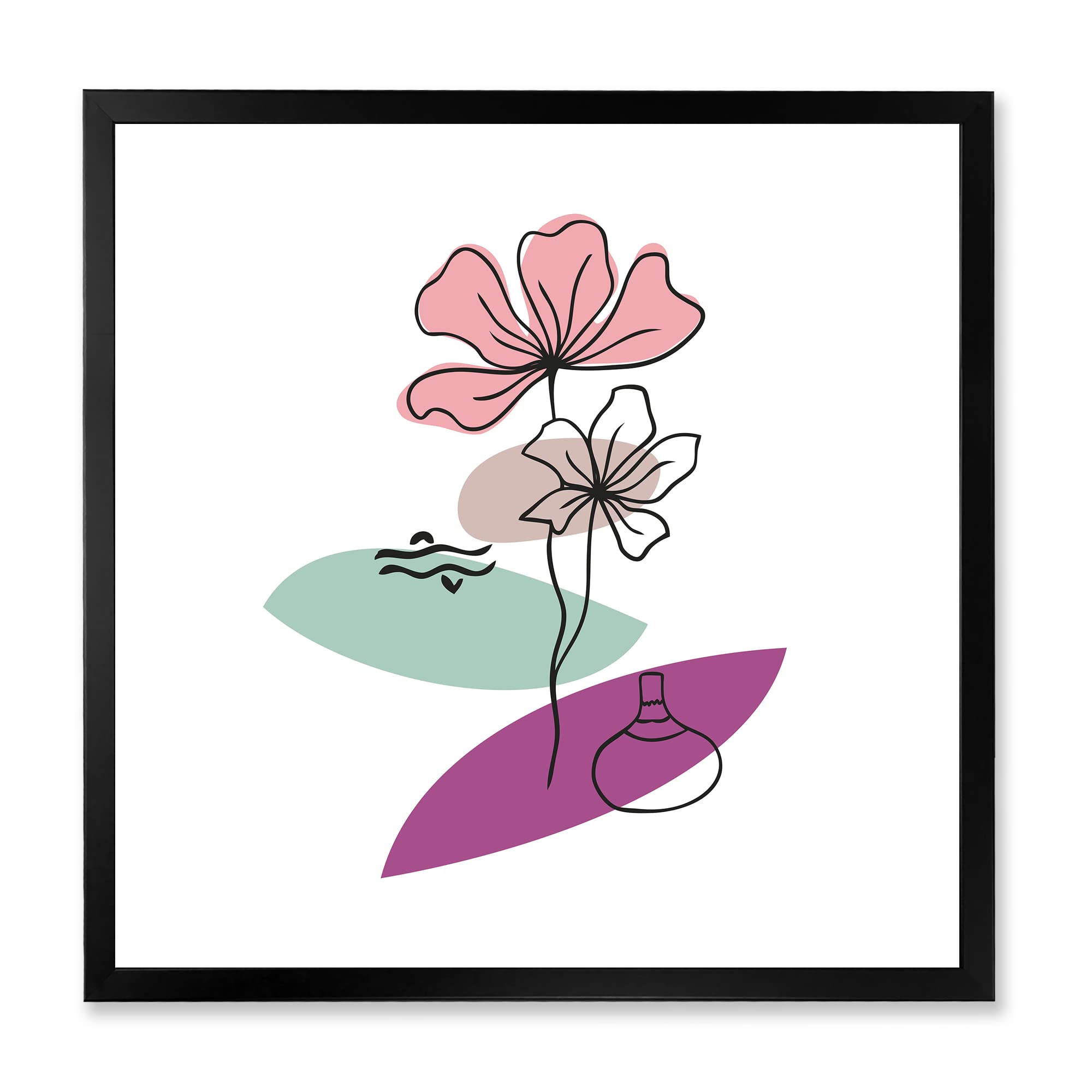 DesignQ Elementary Shapes With Abstract Flowers Plants IV Modern Framed Wall Art - Contemporary Home Decor for Living Room, Bedroom & Office