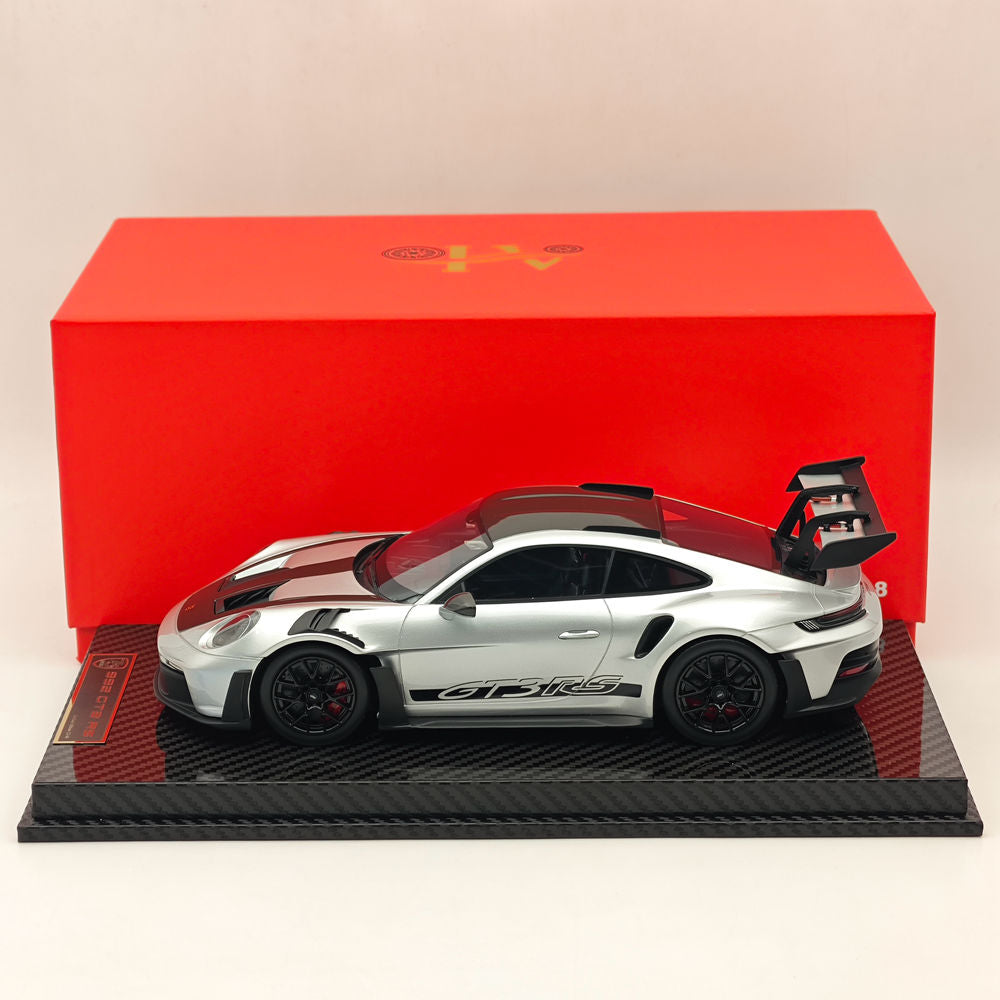 1/18 Scale Porsche 992 GT3 RS Silver Resin Die-Cast Model Car - High Quality Collectible Sports Car for Display, Gifts & Racing Enthusiasts