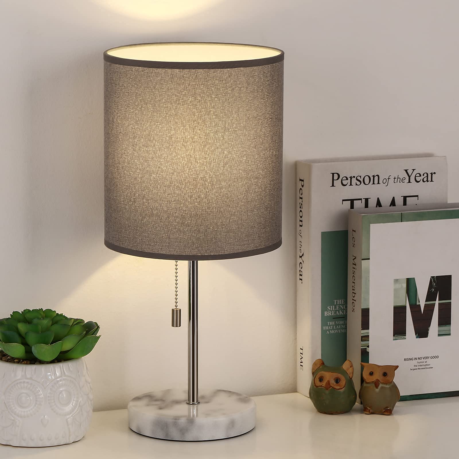 HAITRAL Marble Base Bedside Table Lamp with Grey Fabric Shade - Stylish Nightstand Lamp for Bedroom, Living Room, Office, Kids Room - Perfect for Reading, Relaxing, and Decorating