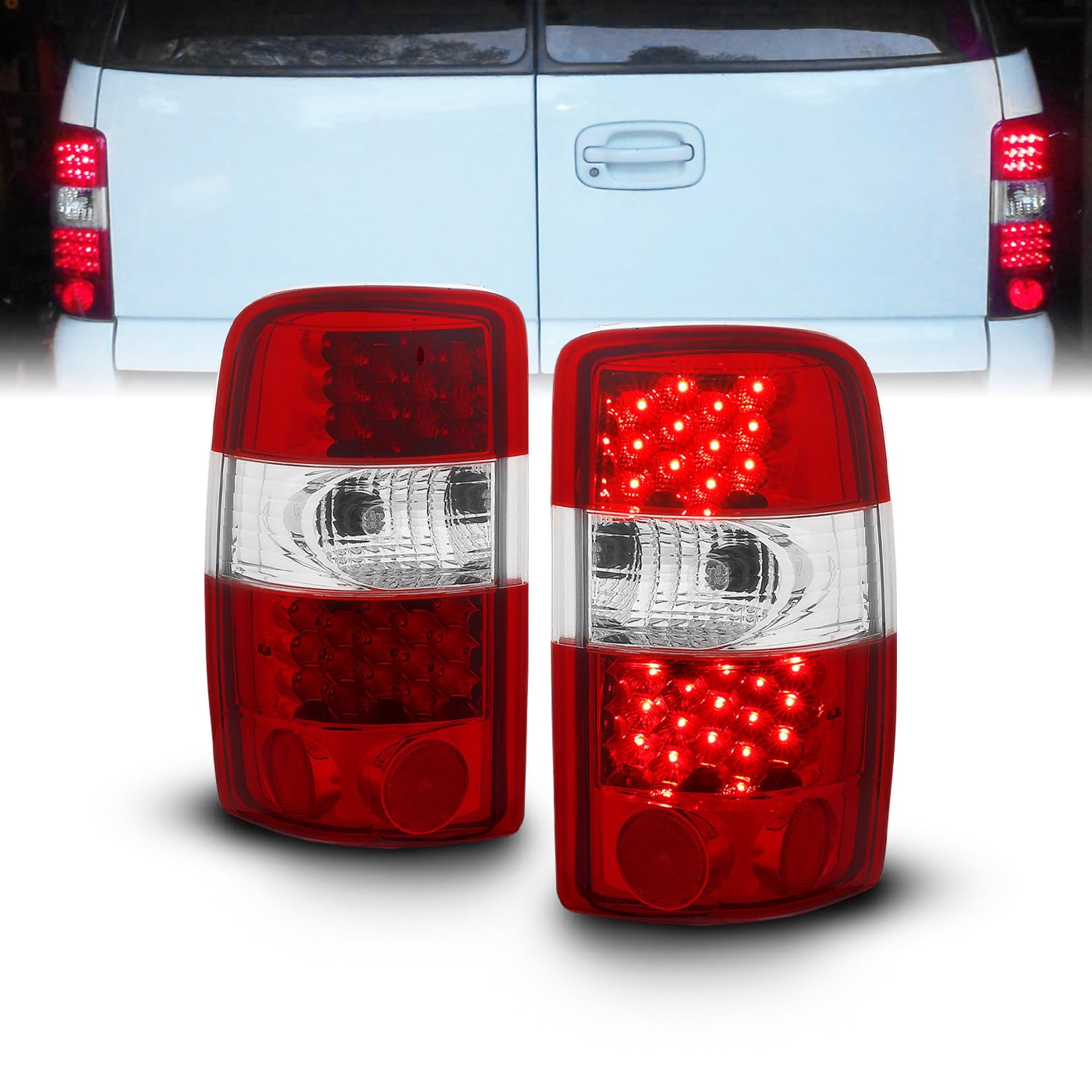 AmeriLite Red LED Brake Tail Lights Replacement for 2000-2006 Chevy Tahoe Suburban & GMC Yukon - Left & Right Side Pair - Enhances Visibility & Safety for Night Driving and Off-Road Adventures