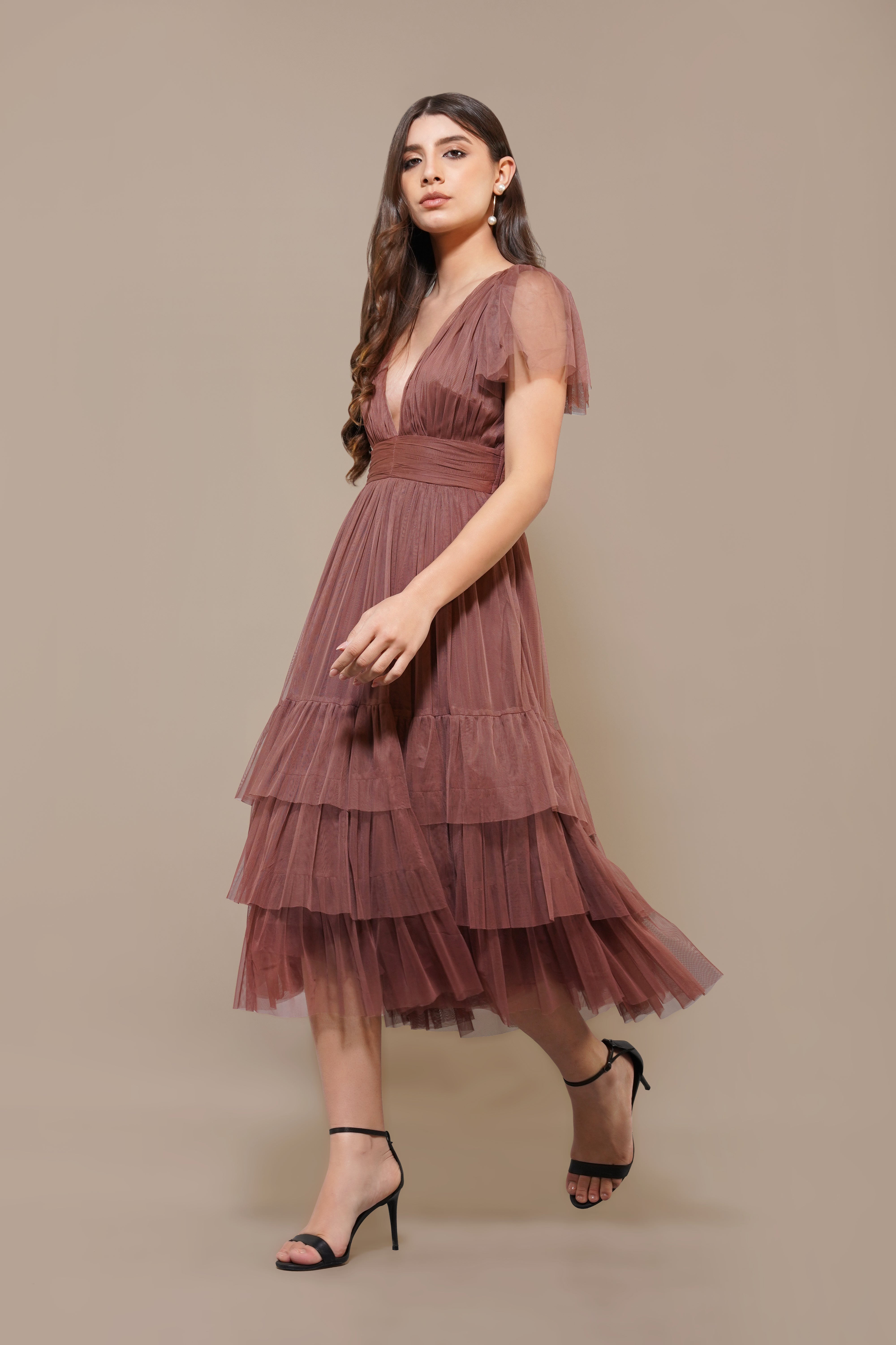 Madison Rose Brown Tulle Bridesmaid Midi Dress - Elegant Tea-Length Formal Gown for Weddings, Prom & Special Occasions