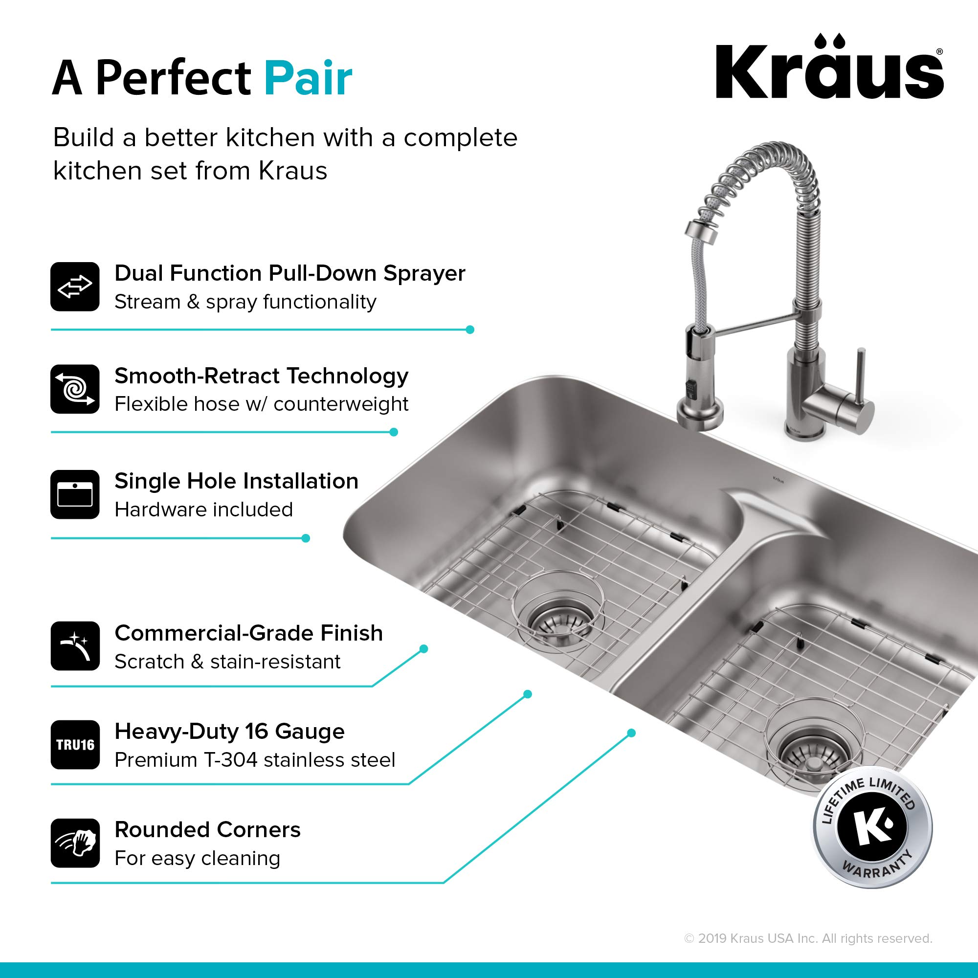 KRAUS KCA-1200 33-inch 16 Gauge Undermount Stainless Steel Kitchen Sink with 18-inch Pull-Down Commercial Style Faucet, Spot Free Finish - Perfect for Modern Home Kitchens and Restaurant-Style Cooking Spaces