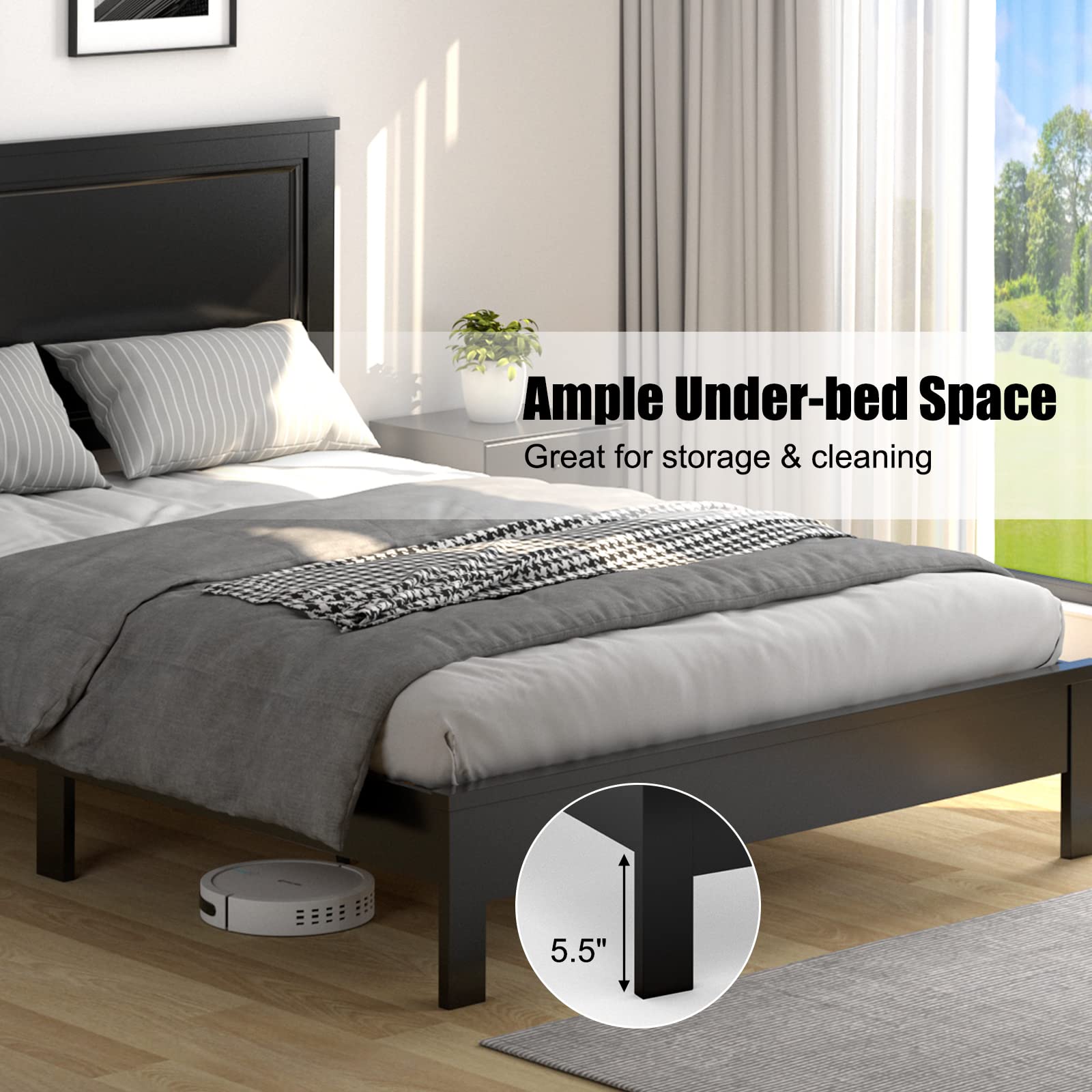 KOMFOTT Queen Size Wood Platform Bed Frame with Headboard - Solid Wood Mid Century Modern Bed Frame with Slat Support & Under Bed Storage - No Box Spring Needed - Mattress Foundation Bed Base in Black - Perfect for Small Bedrooms & Guest Rooms