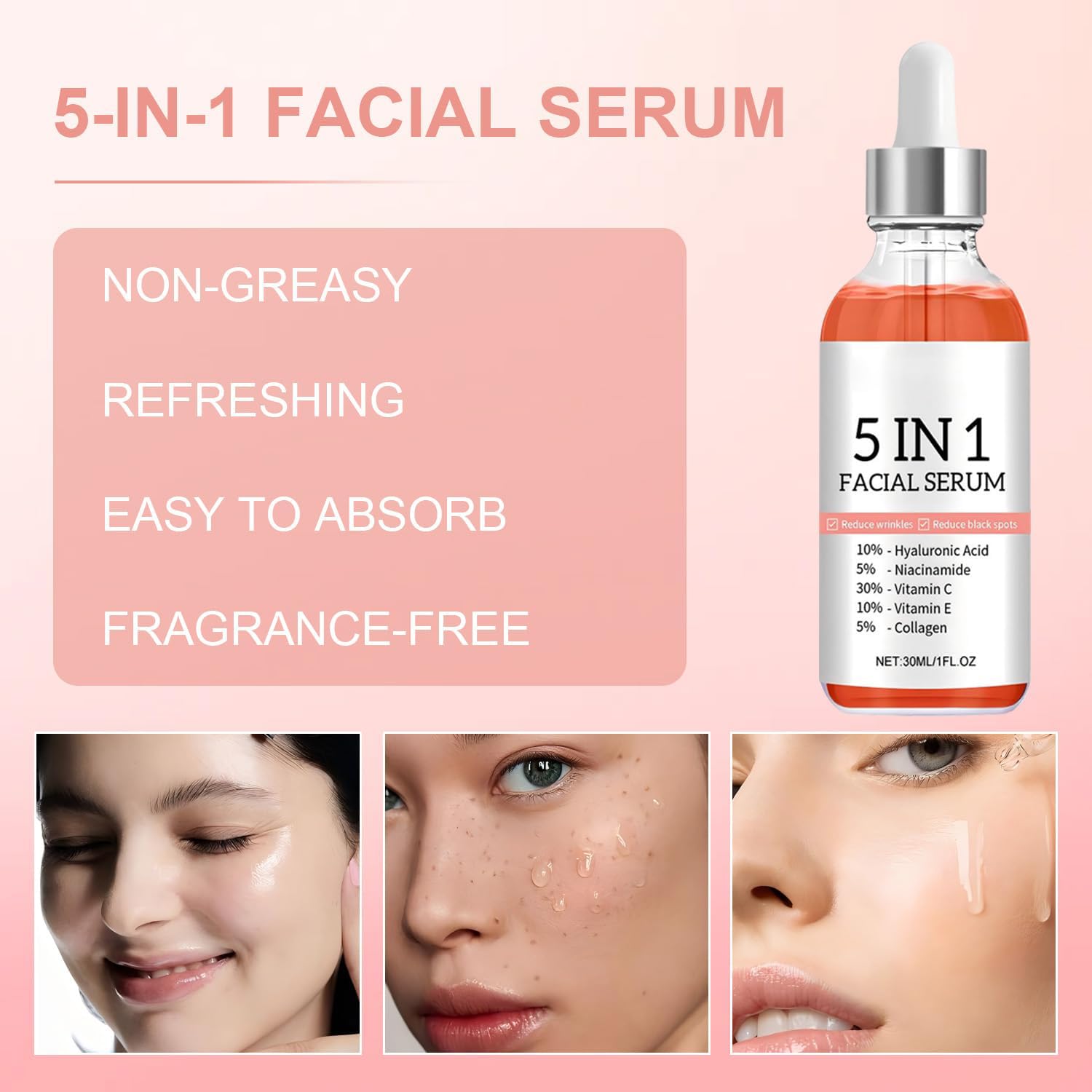 5-in-1 Vitamin C Facial Serum with Hyaluronic Acid & Niacinamide - Brightening & Hydrating Anti-Aging Face Serum for Women - Dark Spot Corrector & Collagen Booster for Dull Skin - 1.05 Fl Oz - Perfect for Daily Skincare Routine & Nighttime Hydration