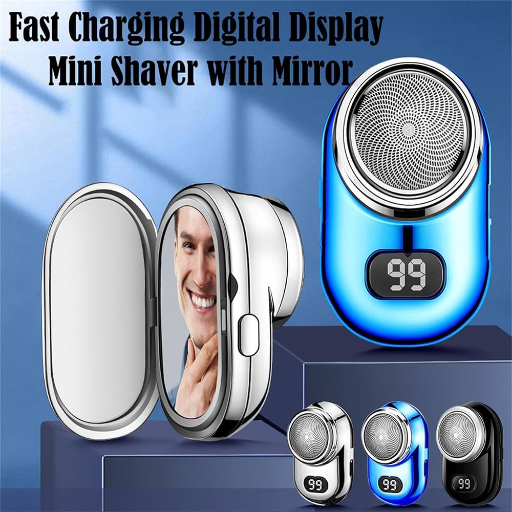 2024 Upgrade Fast Charging Digital Display Mini Electric Shaver for Men - USB Rechargeable Waterproof Beard Trimmer with Mirror, Silver | Perfect for Travel, Gym & Daily Grooming